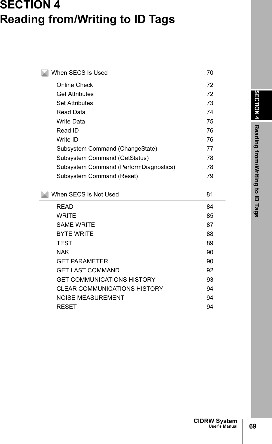SECTION 4Reading from/Writing to ID Tags69CIDRW SystemUser’s ManualSECTION 4Reading from/Writing to ID TagsWhen SECS Is Used 70Online Check 72Get Attributes 72Set Attributes 73Read Data 74Write Data 75Read ID 76Write ID 76Subsystem Command (ChangeState) 77Subsystem Command (GetStatus) 78Subsystem Command (PerformDiagnostics) 78Subsystem Command (Reset) 79When SECS Is Not Used 81READ 84WRITE 85SAME WRITE 87BYTE WRITE 88TEST 89NAK 90GET PARAMETER 90GET LAST COMMAND 92GET COMMUNICATIONS HISTORY 93CLEAR COMMUNICATIONS HISTORY 94NOISE MEASUREMENT 94RESET 94