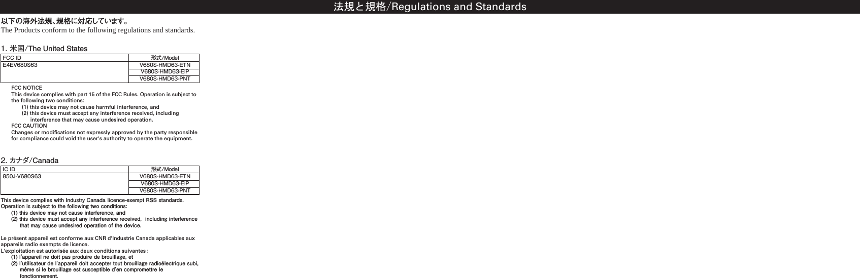 法規と規格/Regulations and Standards以下の海外法規、規格に対応しています。The Products conform to the following regulations and standards.1. 米国/The United States2. カナダ/CanadaThis device complies with Industry Canada Iicence-exempt RSS standards. Operation is subject to the following two conditions:(1) this device may not cause interference, and(2) this device must accept any interference received, including interference that may cause undesired operation of the device.Le présent appareil est conforme aux CNR d'Industrie Canada applicables aux appareils radio exempts de licence. L'exploitation est autorisée aux deux conditions suivantes :(1) l'appareil ne doit pas produire de brouillage, et(2) l'utilisateur de l'appareil doit accepter tout brouillage radioélectrique subi, même si le brouillage est susceptible d'en compromettre le fonctionnement.形式/ModelE4EV680S63 V680S-HMD63-ETNV680S-HMD63-EIPV680S-HMD63-PNTFCC NOTICEThis device complies with part 15 of the FCC Rules. Operation is subject to the following two conditions:(1) this device may not cause harmful interference, and(2) this device must accept any interference received, including interference that may cause undesired operation.FCC CAUTIONChanges or modifications not expressly approved by the party responsible for compliance could void the user's authority to operate the equipment.FCC ID形式/Model850J-V680S63 V680S-HMD63-ETNV680S-HMD63-EIPV680S-HMD63-PNTIC ID