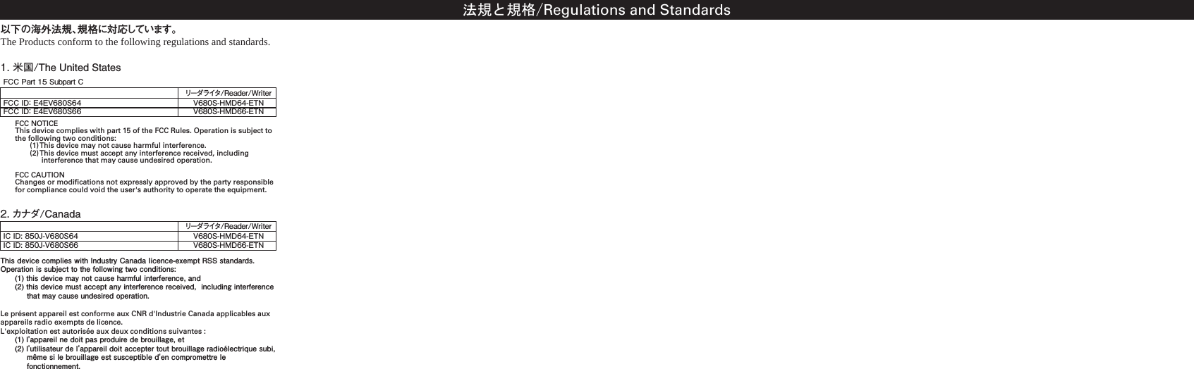法規と規格/Regulations and Standards以下の海外法規、規格に対応しています。The Products conform to the following regulations and standards.2. カナダ/CanadaThis device complies with Industry Canada Iicence-exempt RSS standards. Operation is subject to the following two conditions:(1) this device may not cause harmful interference, and(2) this device must accept any interference received,  including interference that may cause undesired operation.Le présent appareil est conforme aux CNR d&apos;Industrie Canada applicables aux appareils radio exempts de licence. L&apos;exploitation est autorisée aux deux conditions suivantes :(1) l&apos;appareil ne doit pas produire de brouillage, et(2) l&apos;utilisateur de l&apos;appareil doit accepter tout brouillage radioélectrique subi, même si le brouillage est susceptible d&apos;en compromettre le fonctionnement.FCC NOTICEThis device complies with part 15 of the FCC Rules. Operation is subject to the following two conditions:(1) This device may not cause harmful interference.(2) This device must accept any interference received, including interference that may cause undesired operation.FCC CAUTIONChanges or modifications not expressly approved by the party responsible for compliance could void the user&apos;s authority to operate the equipment.1. 米国/The United StatesFCC ID： E4EV680S64FCC ID： E4EV680S66リーダライタ/Reader/WriterV680S-HMD64-ETNV680S-HMD66-ETNFCC Part 15 Subpart CIC ID: 850J-V680S64IC ID: 850J-V680S66リーダライタ/Reader/WriterV680S-HMD64-ETNV680S-HMD66-ETN