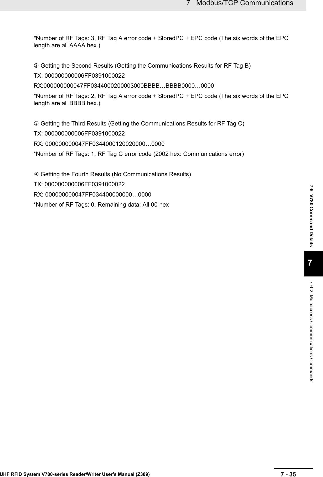 7 - 357   Modbus/TCP CommunicationsUHF RFID System V780-series Reader/Writer User’s Manual (Z389)7-6  V780 Command Details77-6-2  Multiaccess Communications Commands*Number of RF Tags: 3, RF Tag A error code + StoredPC + EPC code (The six words of the EPC length are all AAAA hex.) Getting the Second Results (Getting the Communications Results for RF Tag B)TX: 000000000006FF0391000022RX:000000000047FF0344000200003000BBBB…BBBB0000…0000*Number of RF Tags: 2, RF Tag A error code + StoredPC + EPC code (The six words of the EPC length are all BBBB hex.) Getting the Third Results (Getting the Communications Results for RF Tag C)TX: 000000000006FF0391000022RX: 000000000047FF0344000120020000…0000*Number of RF Tags: 1, RF Tag C error code (2002 hex: Communications error) Getting the Fourth Results (No Communications Results)TX: 000000000006FF0391000022RX: 000000000047FF034400000000…0000*Number of RF Tags: 0, Remaining data: All 00 hex