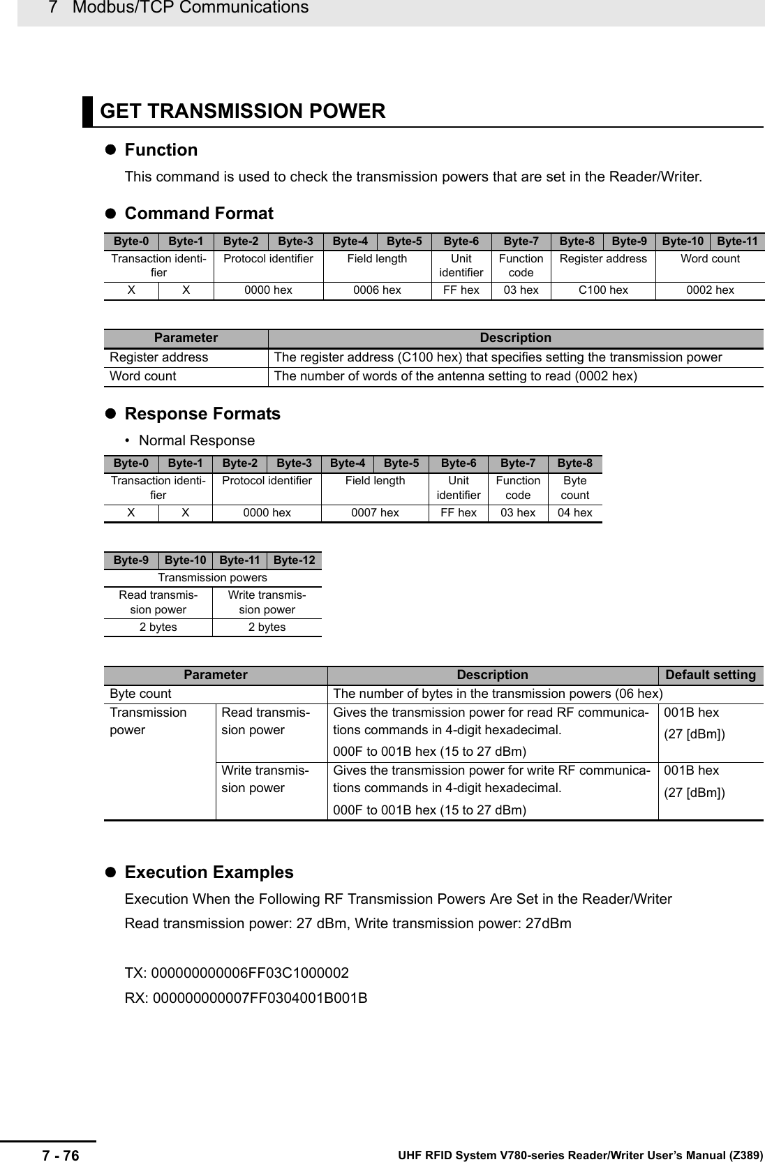 7   Modbus/TCP Communications7 - 76 UHF RFID System V780-series Reader/Writer User’s Manual (Z389)FunctionThis command is used to check the transmission powers that are set in the Reader/Writer.Command FormatResponse Formats• Normal ResponseExecution ExamplesExecution When the Following RF Transmission Powers Are Set in the Reader/WriterRead transmission power: 27 dBm, Write transmission power: 27dBmTX: 000000000006FF03C1000002RX: 000000000007FF0304001B001BGET TRANSMISSION POWERByte-0 Byte-1 Byte-2 Byte-3 Byte-4 Byte-5 Byte-6 Byte-7 Byte-8 Byte-9 Byte-10 Byte-11Transaction identi-fierProtocol identifier Field length Unit identifierFunction codeRegister address Word countX X 0000 hex 0006 hex FF hex 03 hex C100 hex 0002 hexParameter DescriptionRegister address The register address (C100 hex) that specifies setting the transmission powerWord count The number of words of the antenna setting to read (0002 hex)Byte-0 Byte-1 Byte-2 Byte-3 Byte-4 Byte-5 Byte-6 Byte-7 Byte-8Transaction identi-fierProtocol identifier Field length Unit identifierFunction codeByte countX X 0000 hex 0007 hex FF hex 03 hex 04 hexByte-9 Byte-10 Byte-11 Byte-12Transmission powersRead transmis-sion powerWrite transmis-sion power2 bytes 2 bytesParameter Description Default settingByte count The number of bytes in the transmission powers (06 hex)Transmission powerRead transmis-sion powerGives the transmission power for read RF communica-tions commands in 4-digit hexadecimal.000F to 001B hex (15 to 27 dBm)001B hex(27 [dBm])Write transmis-sion powerGives the transmission power for write RF communica-tions commands in 4-digit hexadecimal.000F to 001B hex (15 to 27 dBm)001B hex(27 [dBm])