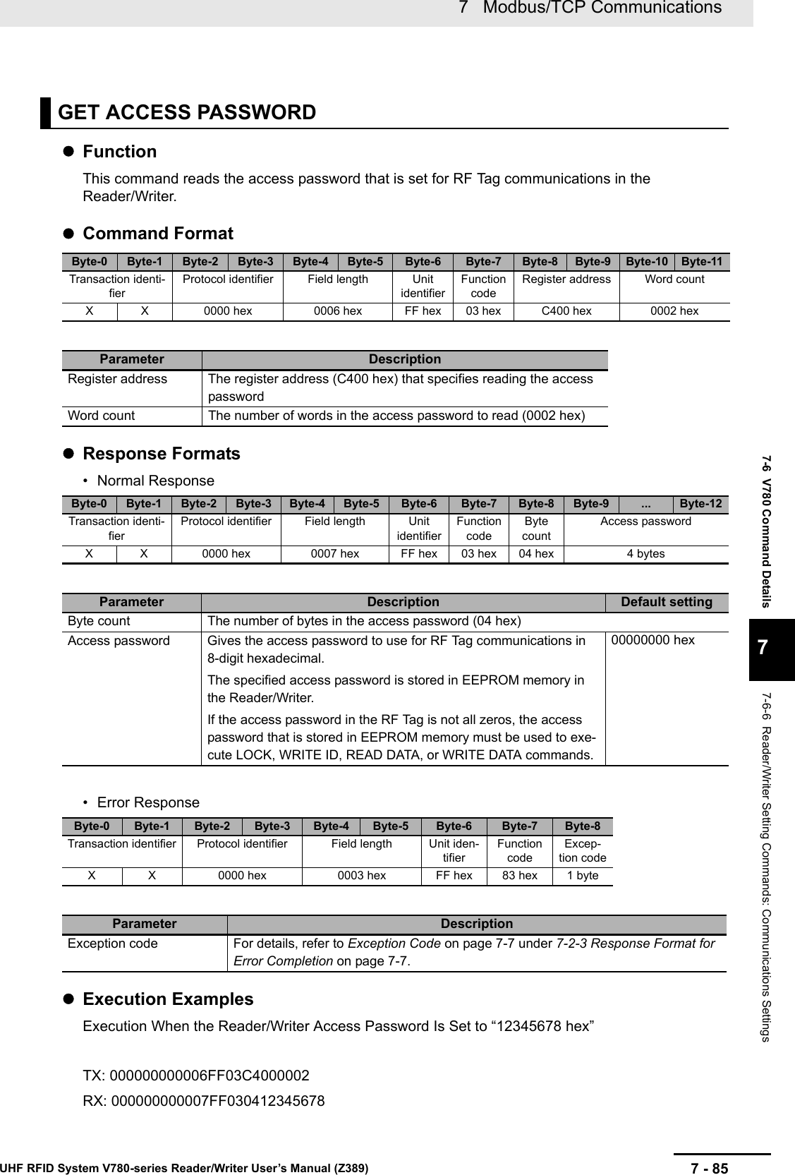 7 - 857   Modbus/TCP CommunicationsUHF RFID System V780-series Reader/Writer User’s Manual (Z389)7-6  V780 Command Details77-6-6  Reader/Writer Setting Commands: Communications SettingsFunctionThis command reads the access password that is set for RF Tag communications in the Reader/Writer.Command FormatResponse Formats• Normal Response• Error ResponseExecution ExamplesExecution When the Reader/Writer Access Password Is Set to “12345678 hex”TX: 000000000006FF03C4000002RX: 000000000007FF030412345678GET ACCESS PASSWORDByte-0 Byte-1 Byte-2 Byte-3 Byte-4 Byte-5 Byte-6 Byte-7 Byte-8 Byte-9 Byte-10 Byte-11Transaction identi-fierProtocol identifier Field length Unit identifierFunction codeRegister address Word countX X 0000 hex 0006 hex FF hex 03 hex C400 hex 0002 hexParameter DescriptionRegister address The register address (C400 hex) that specifies reading the access passwordWord count The number of words in the access password to read (0002 hex)Byte-0 Byte-1 Byte-2 Byte-3 Byte-4 Byte-5 Byte-6 Byte-7 Byte-8 Byte-9 ... Byte-12Transaction identi-fierProtocol identifier Field length Unit identifierFunction codeByte countAccess passwordX X 0000 hex 0007 hex FF hex 03 hex 04 hex 4 bytesParameter Description Default settingByte count The number of bytes in the access password (04 hex)Access password Gives the access password to use for RF Tag communications in 8-digit hexadecimal.The specified access password is stored in EEPROM memory in the Reader/Writer.If the access password in the RF Tag is not all zeros, the access password that is stored in EEPROM memory must be used to exe-cute LOCK, WRITE ID, READ DATA, or WRITE DATA commands.00000000 hexByte-0 Byte-1 Byte-2 Byte-3 Byte-4 Byte-5 Byte-6 Byte-7 Byte-8Transaction identifier Protocol identifier Field length Unit iden-tifierFunction codeExcep-tion codeX X 0000 hex 0003 hex FF hex 83 hex 1 byteParameter DescriptionException code For details, refer to Exception Code on page 7-7 under 7-2-3 Response Format for Error Completion on page 7-7.