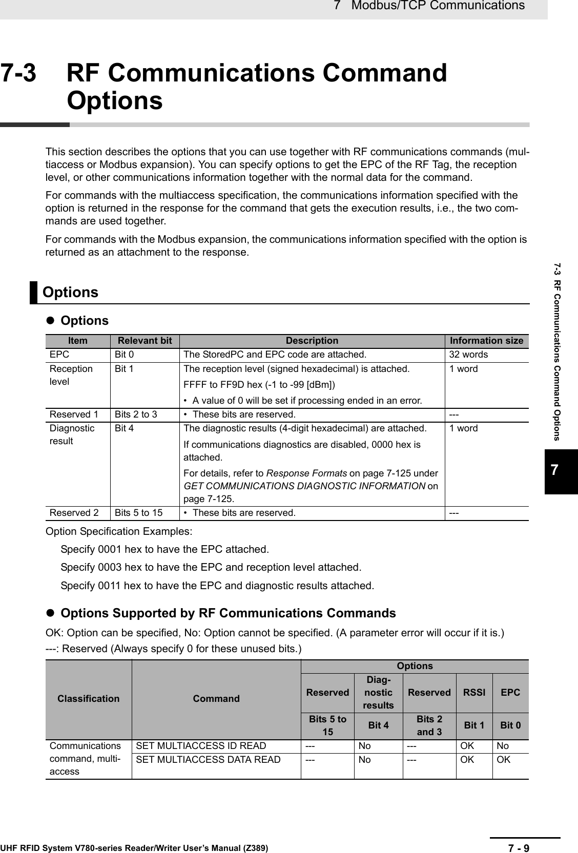 7 - 97   Modbus/TCP CommunicationsUHF RFID System V780-series Reader/Writer User’s Manual (Z389)7-3  RF Communications Command Options77-3 RF Communications Command OptionsThis section describes the options that you can use together with RF communications commands (mul-tiaccess or Modbus expansion). You can specify options to get the EPC of the RF Tag, the reception level, or other communications information together with the normal data for the command.For commands with the multiaccess specification, the communications information specified with the option is returned in the response for the command that gets the execution results, i.e., the two com-mands are used together.For commands with the Modbus expansion, the communications information specified with the option is returned as an attachment to the response.OptionsOption Specification Examples:Specify 0001 hex to have the EPC attached.Specify 0003 hex to have the EPC and reception level attached.Specify 0011 hex to have the EPC and diagnostic results attached.Options Supported by RF Communications CommandsOK: Option can be specified, No: Option cannot be specified. (A parameter error will occur if it is.) ---: Reserved (Always specify 0 for these unused bits.)OptionsItem Relevant bit Description Information sizeEPC Bit 0 The StoredPC and EPC code are attached. 32 wordsReception levelBit 1 The reception level (signed hexadecimal) is attached.FFFF to FF9D hex (-1 to -99 [dBm])• A value of 0 will be set if processing ended in an error.1 wordReserved 1 Bits 2 to 3 • These bits are reserved. ---Diagnostic resultBit 4 The diagnostic results (4-digit hexadecimal) are attached.If communications diagnostics are disabled, 0000 hex is attached.For details, refer to Response Formats on page 7-125 under GET COMMUNICATIONS DIAGNOSTIC INFORMATION on page 7-125.1 wordReserved 2 Bits 5 to 15 • These bits are reserved. ---Classification CommandOptionsReservedDiag-nostic resultsReserved RSSI EPCBits 5 to 15 Bit 4 Bits 2 and 3 Bit 1 Bit 0Communications command, multi-accessSET MULTIACCESS ID READ --- No --- OK NoSET MULTIACCESS DATA READ --- No --- OK OK
