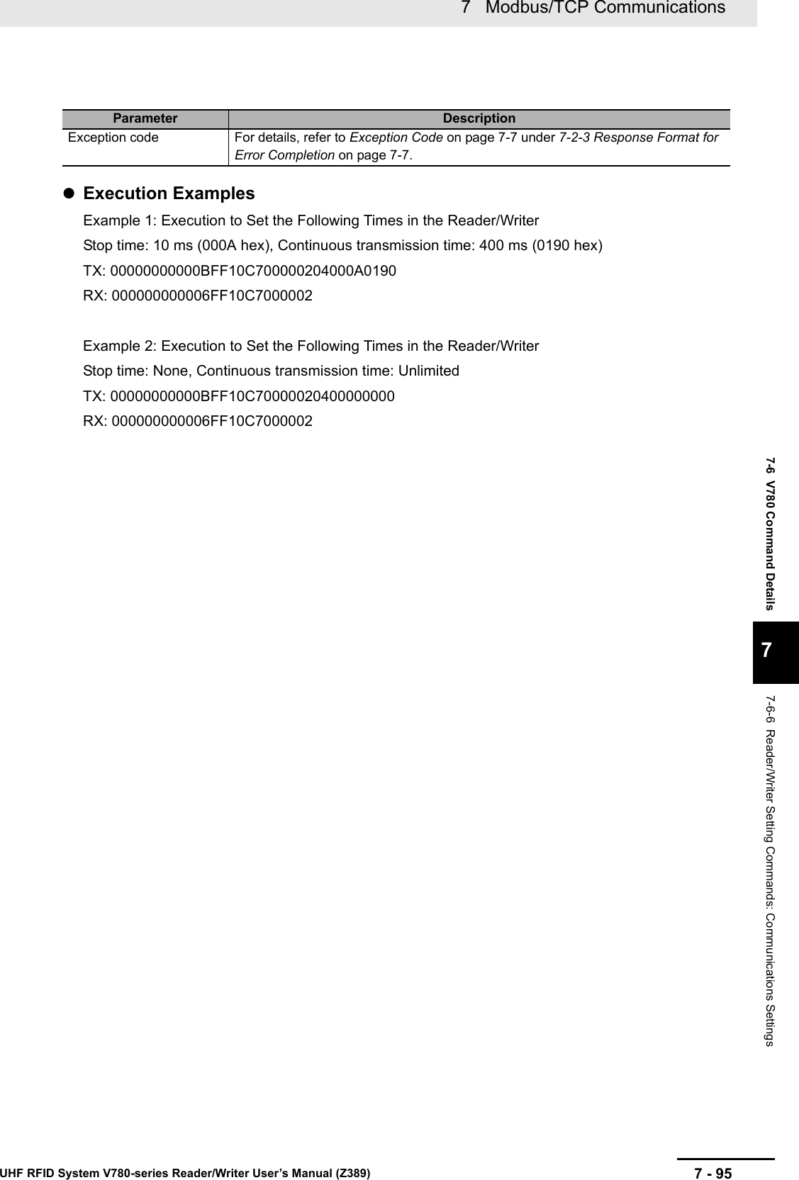 7 - 957   Modbus/TCP CommunicationsUHF RFID System V780-series Reader/Writer User’s Manual (Z389)7-6  V780 Command Details77-6-6  Reader/Writer Setting Commands: Communications SettingsExecution ExamplesExample 1: Execution to Set the Following Times in the Reader/WriterStop time: 10 ms (000A hex), Continuous transmission time: 400 ms (0190 hex)TX: 00000000000BFF10C700000204000A0190RX: 000000000006FF10C7000002Example 2: Execution to Set the Following Times in the Reader/WriterStop time: None, Continuous transmission time: UnlimitedTX: 00000000000BFF10C70000020400000000RX: 000000000006FF10C7000002Parameter DescriptionException code For details, refer to Exception Code on page 7-7 under 7-2-3 Response Format for Error Completion on page 7-7.