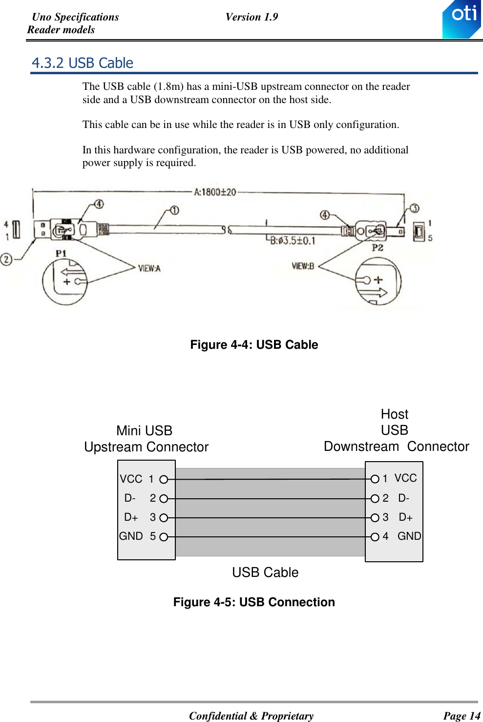 Uno Specifications  Version 1.9 Reader models   Confidential &amp; Proprietary  Page 14 4.3.2 USB Cable The USB cable (1.8m) has a mini-USB upstream connector on the reader side and a USB downstream connector on the host side. This cable can be in use while the reader is in USB only configuration. In this hardware configuration, the reader is USB powered, no additional power supply is required.   Figure ‎4-4: USB Cable     Figure ‎4-5: USB Connection  123VCCD-D+GNDSaturn Mini USB Upstream Connector234GNDD+D-Host USB Downstream   ConnectorUSB Cable15VCC 