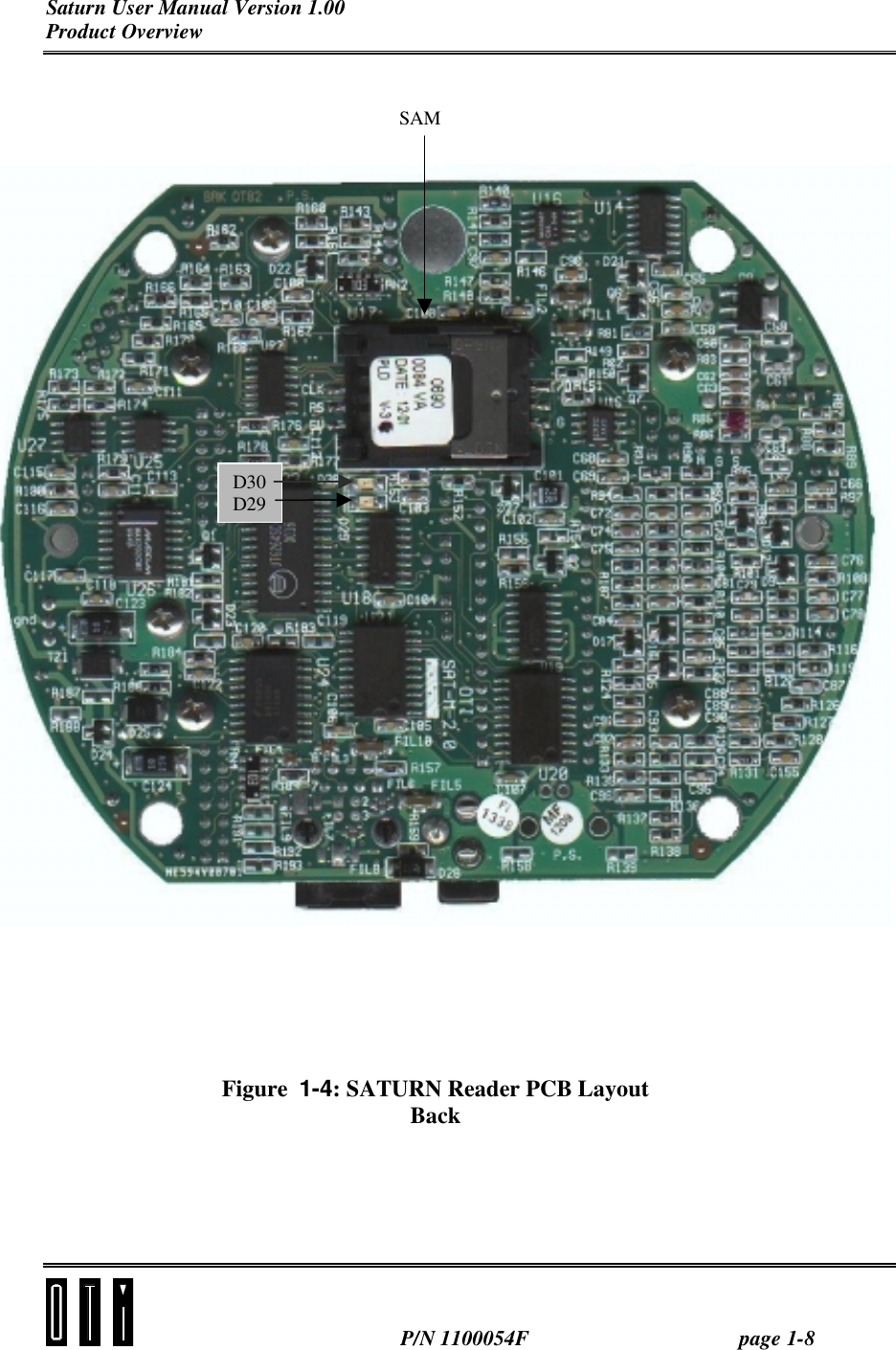 Saturn User Manual Version 1.00 Product Overview  P/N 1100054F page 1-8     Figure  1-4: SATURN Reader PCB Layout Back  D30 D29 SAM 