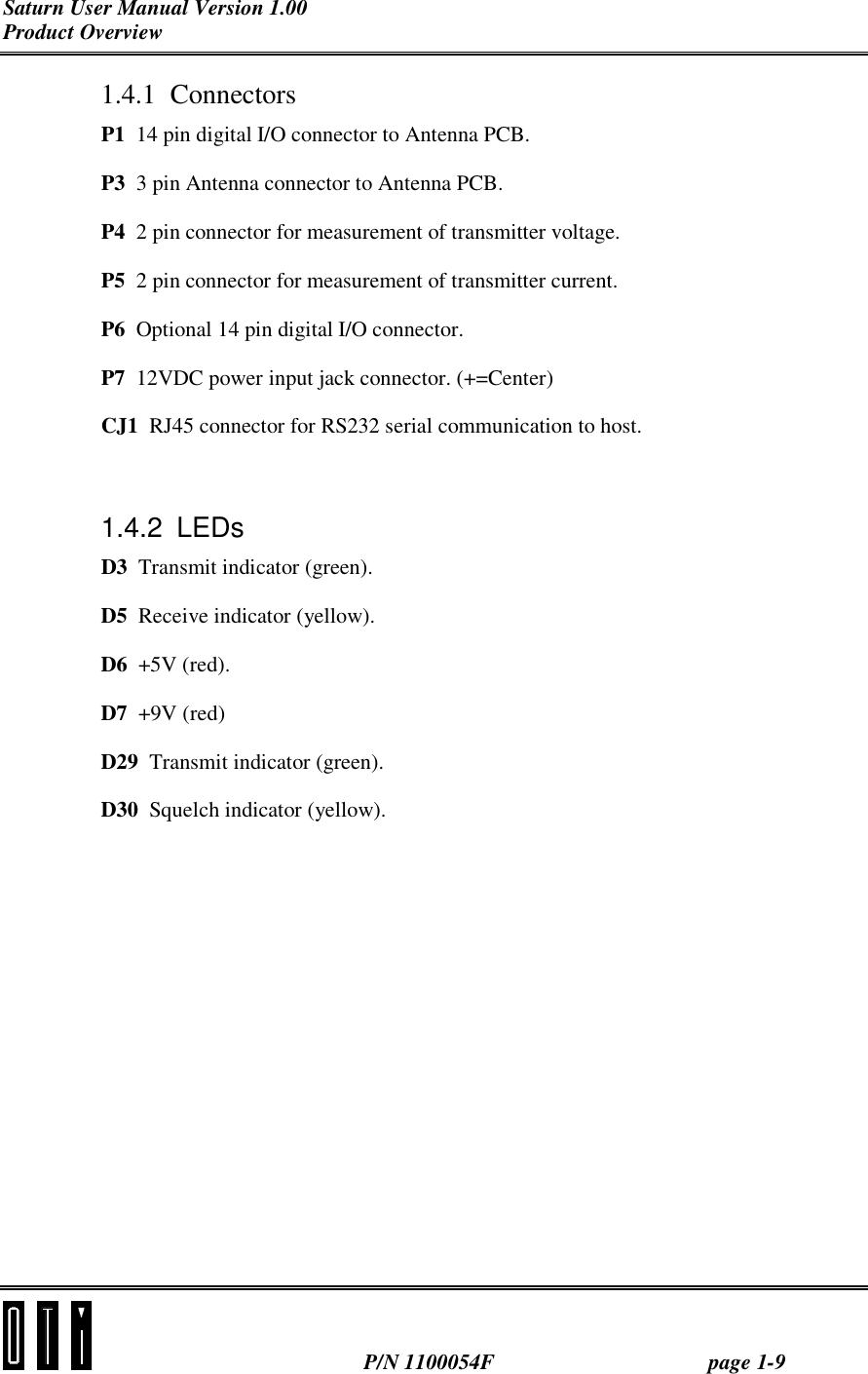 Saturn User Manual Version 1.00 Product Overview  P/N 1100054F page 1-9 1.4.1 Connectors P1  14 pin digital I/O connector to Antenna PCB. P3  3 pin Antenna connector to Antenna PCB. P4  2 pin connector for measurement of transmitter voltage. P5  2 pin connector for measurement of transmitter current. P6  Optional 14 pin digital I/O connector. P7  12VDC power input jack connector. (+=Center) CJ1  RJ45 connector for RS232 serial communication to host.  1.4.2 LEDs D3  Transmit indicator (green). D5  Receive indicator (yellow). D6  +5V (red). D7  +9V (red) D29  Transmit indicator (green). D30  Squelch indicator (yellow).  