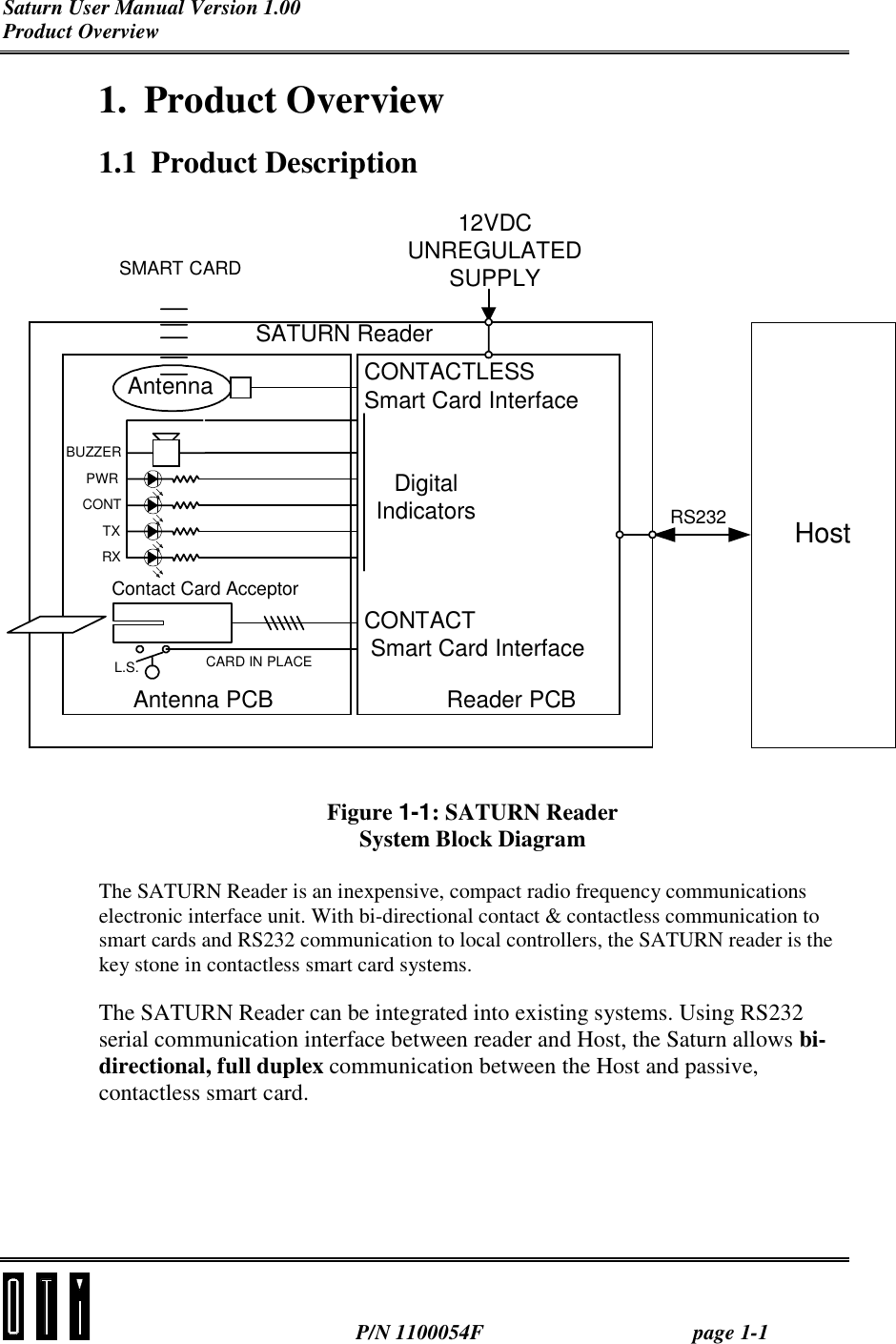 Saturn User Manual Version 1.00 Product Overview  P/N 1100054F page 1-1 1. Product Overview 1.1 Product Description HostSMART CARD12VDCUNREGULATEDSUPPLYRS232RXTXCONTPWRBUZZERReader PCBCARD IN PLACECONTACTLESSSmart Card InterfaceL.S.AntennaContact Card AcceptorAntenna PCBCONTACT Smart Card InterfaceSATURN ReaderDigitalIndicators Figure 1-1: SATURN Reader System Block Diagram  The SATURN Reader is an inexpensive, compact radio frequency communications electronic interface unit. With bi-directional contact &amp; contactless communication to smart cards and RS232 communication to local controllers, the SATURN reader is the key stone in contactless smart card systems. The SATURN Reader can be integrated into existing systems. Using RS232 serial communication interface between reader and Host, the Saturn allows bi-directional, full duplex communication between the Host and passive, contactless smart card. 