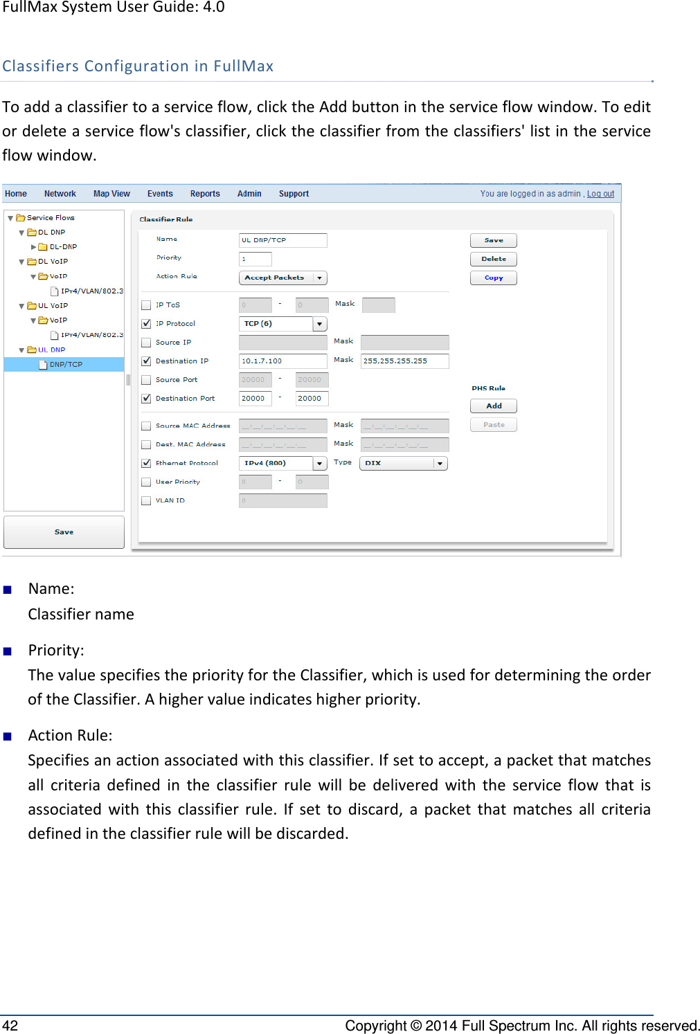 FullMaxSystemUserGuide:4.042  Copyright © 2014 Full Spectrum Inc. All rights reserved. ClassifiersConfigurationinFullMaxToaddaclassifiertoaserviceflow,clicktheAddbuttonintheserviceflowwindow.Toeditordeleteaserviceflow&apos;sclassifier,clicktheclassifierfromtheclassifiers&apos;listintheserviceflowwindow.■ Name:Classifiername■ Priority:ThevaluespecifiesthepriorityfortheClassifier,whichisusedfordeterminingtheorderoftheClassifier.Ahighervalueindicateshigherpriority.■ ActionRule:Specifiesanactionassociatedwiththisclassifier.Ifsettoaccept,apacketthatmatchesallcriteriadefinedintheclassifierrulewillbedeliveredwiththeserviceflowthatisassociatedwiththisclassifierrule.Ifsettodiscard,apacketthatmatchesallcriteriadefinedintheclassifierrulewillbediscarded.