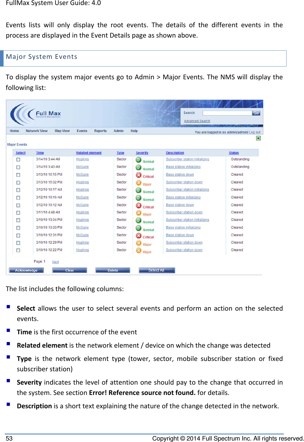 FullMaxSystemUserGuide:4.053  Copyright © 2014 Full Spectrum Inc. All rights reserved. Eventslistswillonlydisplaytherootevents.ThedetailsofthedifferenteventsintheprocessaredisplayedintheEventDetailspageasshownabove.MajorSystemEventsTodisplaythesystemmajoreventsgotoAdmin&gt;MajorEvents.TheNMSwilldisplaythefollowinglist:Thelistincludesthefollowingcolumns: Selectallowstheusertoselectseveraleventsandperformanactionontheselectedevents. Timeisthefirstoccurrenceoftheevent Relatedelementisthenetworkelement/deviceonwhichthechangewasdetected Typeisthenetworkelementtype(tower,sector,mobilesubscriberstationorfixedsubscriberstation) Severityindicatesthelevelofattentiononeshouldpaytothechangethatoccurredinthesystem.SeesectionError!Referencesourcenotfound.fordetails. Descriptionisashorttextexplainingthenatureofthechangedetectedinthenetwork.