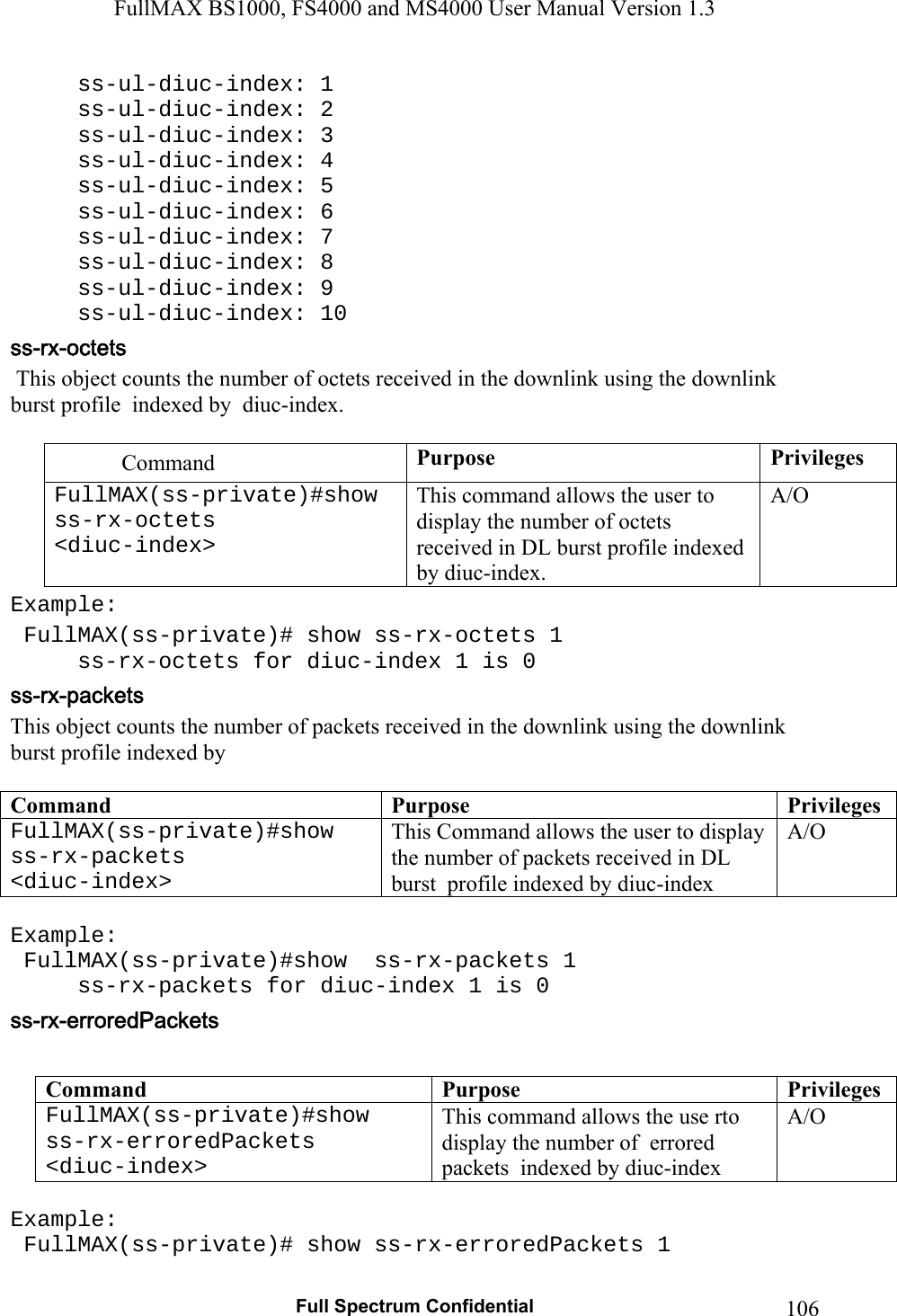 FullMAX BS1000, FS4000 and MS4000 User Manual Version 1.3   Full Spectrum Confidential  106 ss-ul-diuc-index: 1  ss-ul-diuc-index: 2  ss-ul-diuc-index: 3  ss-ul-diuc-index: 4  ss-ul-diuc-index: 5  ss-ul-diuc-index: 6  ss-ul-diuc-index: 7  ss-ul-diuc-index: 8  ss-ul-diuc-index: 9  ss-ul-diuc-index: 10  This object counts the number of octets received in the downlink using the downlink burst profile  indexed by  diuc-index.  Command  Purpose  Privileges FullMAX(ss-private)#show ss-rx-octets  &lt;diuc-index&gt;  This command allows the user to display the number of octets received in DL burst profile indexed by diuc-index.  A/O Example:  FullMAX(ss-private)# show ss-rx-octets 1   ss-rx-octets for diuc-index 1 is 0 This object counts the number of packets received in the downlink using the downlink burst profile indexed by  Command  Purpose  PrivilegesFullMAX(ss-private)#show ss-rx-packets  &lt;diuc-index&gt; This Command allows the user to display the number of packets received in DL burst  profile indexed by diuc-index  A/O  Example:  FullMAX(ss-private)#show  ss-rx-packets 1   ss-rx-packets for diuc-index 1 is 0  Command  Purpose  PrivilegesFullMAX(ss-private)#show  ss-rx-erroredPackets &lt;diuc-index&gt; This command allows the use rto display the number of  errored packets  indexed by diuc-index  A/O  Example:  FullMAX(ss-private)# show ss-rx-erroredPackets 1 