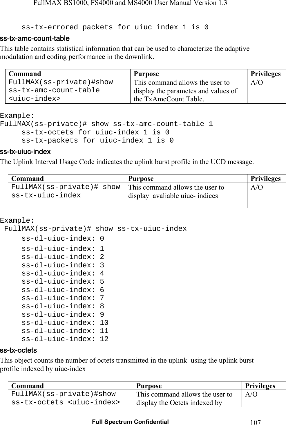 FullMAX BS1000, FS4000 and MS4000 User Manual Version 1.3   Full Spectrum Confidential  107  ss-tx-errored packets for uiuc index 1 is 0 This table contains statistical information that can be used to characterize the adaptive modulation and coding performance in the downlink.  Command  Purpose  PrivilegesFullMAX(ss-private)#show ss-tx-amc-count-table &lt;uiuc-index&gt;  This command allows the user to display the parametes and values of the TxAmcCount Table. A/O  Example: FullMAX(ss-private)# show ss-tx-amc-count-table 1   ss-tx-octets for uiuc-index 1 is 0   ss-tx-packets for uiuc-index 1 is 0 The Uplink Interval Usage Code indicates the uplink burst profile in the UCD message.  Command  Purpose  PrivilegesFullMAX(ss-private)# show ss-tx-uiuc-index   This command allows the user to display  avaliable uiuc- indices A/O  Example:  FullMAX(ss-private)# show ss-tx-uiuc-index  ss-dl-uiuc-index: 0  ss-dl-uiuc-index: 1  ss-dl-uiuc-index: 2  ss-dl-uiuc-index: 3  ss-dl-uiuc-index: 4  ss-dl-uiuc-index: 5  ss-dl-uiuc-index: 6  ss-dl-uiuc-index: 7  ss-dl-uiuc-index: 8  ss-dl-uiuc-index: 9  ss-dl-uiuc-index: 10  ss-dl-uiuc-index: 11  ss-dl-uiuc-index: 12 This object counts the number of octets transmitted in the uplink  using the uplink burst profile indexed by uiuc-index  Command  Purpose  PrivilegesFullMAX(ss-private)#show ss-tx-octets &lt;uiuc-index&gt;  This command allows the user to display the Octets indexed by A/O 