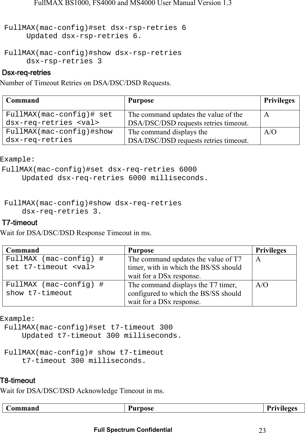 FullMAX BS1000, FS4000 and MS4000 User Manual Version 1.3   Full Spectrum Confidential  23 FullMAX(mac-config)#set dsx-rsp-retries 6  Updated dsx-rsp-retries 6.    FullMAX(mac-config)#show dsx-rsp-retries  dsx-rsp-retries 3 Number of Timeout Retries on DSA/DSC/DSD Requests.  Command  Purpose  Privileges FullMAX(mac-config)# set dsx-req-retries &lt;val&gt; The command updates the value of the DSA/DSC/DSD requests retries timeout.  A FullMAX(mac-config)#show dsx-req-retries The command displays the DSA/DSC/DSD requests retries timeout. A/O  Example:  FullMAX(mac-config)#set dsx-req-retries 6000   Updated dsx-req-retries 6000 milliseconds.     FullMAX(mac-config)#show dsx-req-retries  dsx-req-retries 3. Wait for DSA/DSC/DSD Response Timeout in ms.  Command  Purpose  Privileges FullMAX (mac-config) # set t7-timeout &lt;val&gt; The command updates the value of T7 timer, with in which the BS/SS should wait for a DSx response. A FullMAX (mac-config) # show t7-timeout The command displays the T7 timer, configured to which the BS/SS should wait for a DSx response. A/O  Example:  FullMAX(mac-config)#set t7-timeout 300   Updated t7-timeout 300 milliseconds.    FullMAX(mac-config)# show t7-timeout   t7-timeout 300 milliseconds.  Wait for DSA/DSC/DSD Acknowledge Timeout in ms.  Command  Purpose  Privileges 