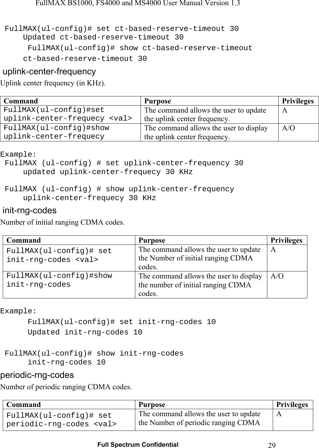FullMAX BS1000, FS4000 and MS4000 User Manual Version 1.3   Full Spectrum Confidential  29 FullMAX(ul-config)# set ct-based-reserve-timeout 30   Updated ct-based-reserve-timeout 30  FullMAX(ul-config)# show ct-based-reserve-timeout  ct-based-reserve-timeout 30 Uplink center frequency (in KHz).  Command  Purpose  PrivilegesFullMAX(ul-config)#set uplink-center-frequecy &lt;val&gt; The command allows the user to update the uplink center frequency. A FullMAX(ul-config)#show uplink-center-frequecy The command allows the user to display the uplink center frequency. A/O  Example:  FullMAX (ul-config) # set uplink-center-frequency 30   updated uplink-center-frequecy 30 KHz   FullMAX (ul-config) # show uplink-center-frequency   uplink-center-frequecy 30 KHz Number of initial ranging CDMA codes.    Command  Purpose  PrivilegesFullMAX(ul-config)# set init-rng-codes &lt;val&gt; The command allows the user to update the Number of initial ranging CDMA codes. A FullMAX(ul-config)#show init-rng-codes The command allows the user to display the number of initial ranging CDMA codes. A/O  Example:  FullMAX(ul-config)# set init-rng-codes 10    Updated init-rng-codes 10    FullMAX(ul-config)# show init-rng-codes    init-rng-codes 10 Number of periodic ranging CDMA codes.  Command  Purpose  PrivilegesFullMAX(ul-config)# set periodic-rng-codes &lt;val&gt; The command allows the user to update the Number of periodic ranging CDMA A 