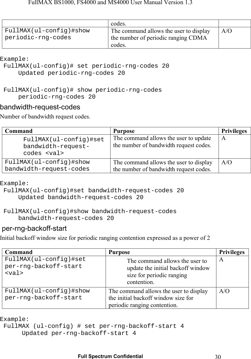 FullMAX BS1000, FS4000 and MS4000 User Manual Version 1.3   Full Spectrum Confidential  30codes. FullMAX(ul-config)#show periodic-rng-codes The command allows the user to display the number of periodic ranging CDMA codes. A/O  Example:  FullMAX(ul-config)# set periodic-rng-codes 20   Updated periodic-rng-codes 20    FullMAX(ul-config)# show periodic-rng-codes  periodic-rng-codes 20 Number of bandwidth request codes.  Command  Purpose  PrivilegesFullMAX(ul-config)#set bandwidth-request-codes &lt;val&gt; The command allows the user to update the number of bandwidth request codes. A FullMAX(ul-config)#show bandwidth-request-codes The command allows the user to display the number of bandwidth request codes. A/O  Example:  FullMAX(ul-config)#set bandwidth-request-codes 20   Updated bandwidth-request-codes 20    FullMAX(ul-config)#show bandwidth-request-codes  bandwidth-request-codes 20 Initial backoff window size for periodic ranging contention expressed as a power of 2  Command  Purpose  PrivilegesFullMAX(ul-config)#set per-rng-backoff-start &lt;val&gt; The command allows the user to update the initial backoff window size for periodic ranging contention. A FullMAX(ul-config)#show per-rng-backoff-start The command allows the user to display the initial backoff window size for periodic ranging contention. A/O  Example:  FullMAX (ul-config) # set per-rng-backoff-start 4    Updated per-rng-backoff-start 4   