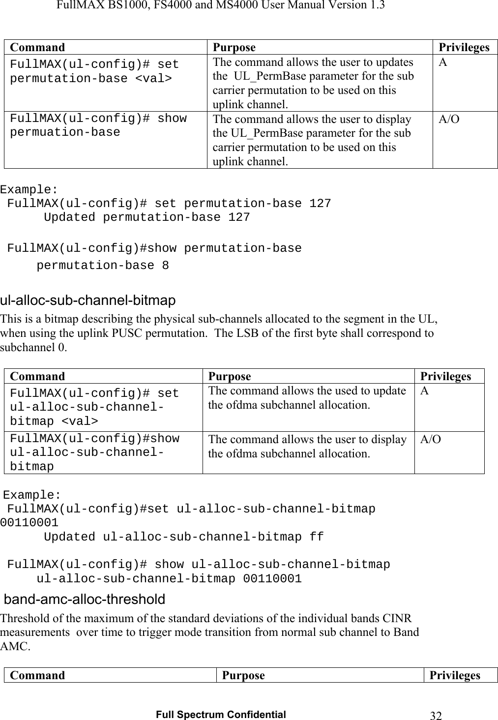 FullMAX BS1000, FS4000 and MS4000 User Manual Version 1.3   Full Spectrum Confidential  32Command  Purpose  PrivilegesFullMAX(ul-config)# set permutation-base &lt;val&gt; The command allows the user to updates the  UL_PermBase parameter for the sub carrier permutation to be used on this uplink channel. A FullMAX(ul-config)# show permuation-base The command allows the user to display the UL_PermBase parameter for the sub carrier permutation to be used on this uplink channel. A/O  Example:  FullMAX(ul-config)# set permutation-base 127    Updated permutation-base 127    FullMAX(ul-config)#show permutation-base  permutation-base 8  This is a bitmap describing the physical sub-channels allocated to the segment in the UL, when using the uplink PUSC permutation.  The LSB of the first byte shall correspond to subchannel 0.   Command  Purpose  PrivilegesFullMAX(ul-config)# set ul-alloc-sub-channel-bitmap &lt;val&gt; The command allows the used to update the ofdma subchannel allocation. A FullMAX(ul-config)#show ul-alloc-sub-channel-bitmap The command allows the user to display the ofdma subchannel allocation. A/O   Example:  FullMAX(ul-config)#set ul-alloc-sub-channel-bitmap 00110001    Updated ul-alloc-sub-channel-bitmap ff   FullMAX(ul-config)# show ul-alloc-sub-channel-bitmap    ul-alloc-sub-channel-bitmap 00110001 Threshold of the maximum of the standard deviations of the individual bands CINR measurements  over time to trigger mode transition from normal sub channel to Band AMC.  Command  Purpose  Privileges