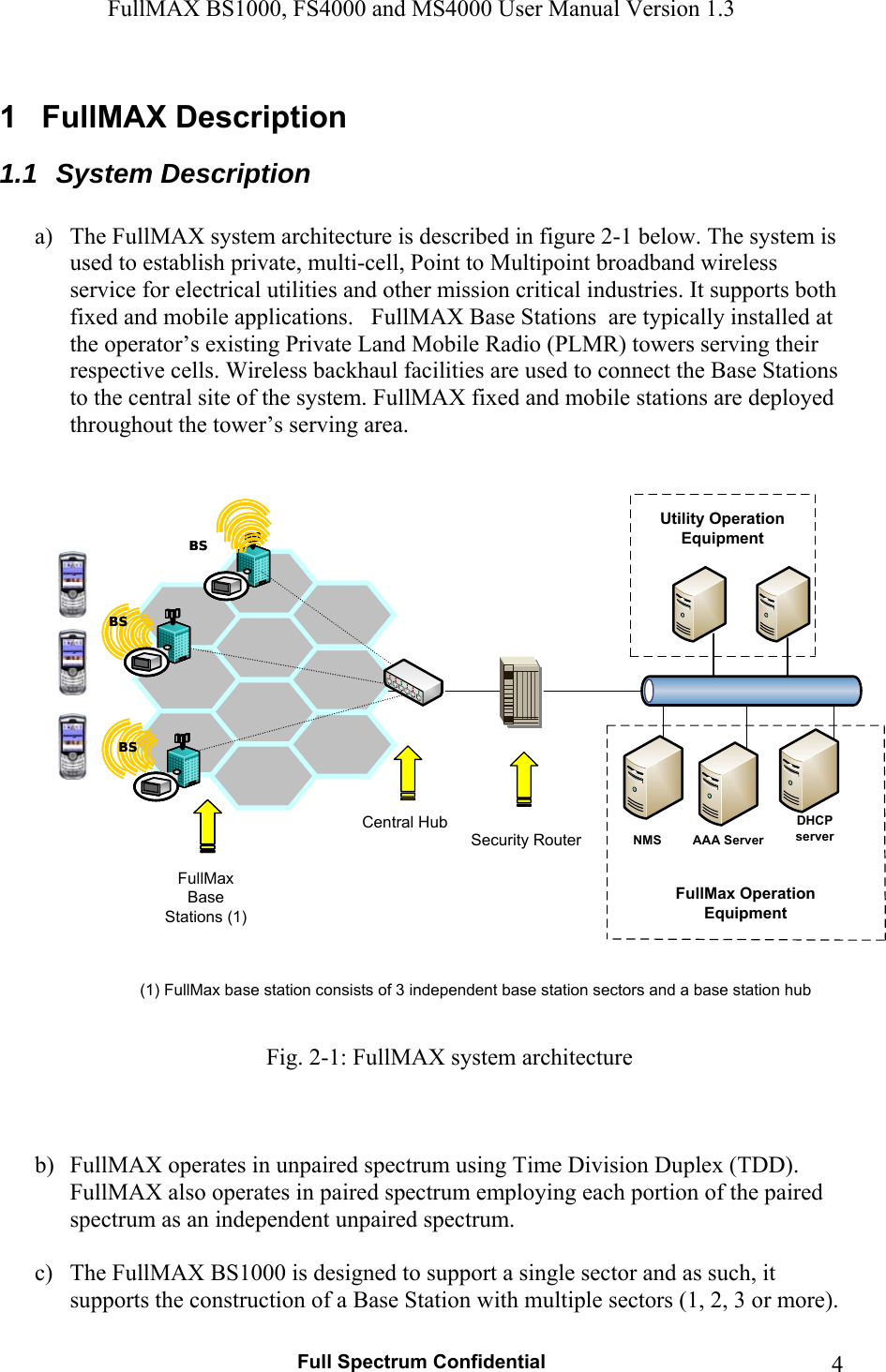 FullMAX BS1000, FS4000 and MS4000 User Manual Version 1.3   Full Spectrum Confidential  41  FullMAX Description 1.1 System Description  a) The FullMAX system architecture is described in figure 2-1 below. The system is used to establish private, multi-cell, Point to Multipoint broadband wireless service for electrical utilities and other mission critical industries. It supports both fixed and mobile applications.   FullMAX Base Stations  are typically installed at  the operator’s existing Private Land Mobile Radio (PLMR) towers serving their respective cells. Wireless backhaul facilities are used to connect the Base Stations to the central site of the system. FullMAX fixed and mobile stations are deployed throughout the tower’s serving area.   Central HubSecurity RouterFullMax Base Stations (1) BSBSBSBSBSBSNMSDHCP serverUtility Operation EquipmentAAA ServerFullMax Operation Equipment(1) FullMax base station consists of 3 independent base station sectors and a base station hub Fig. 2-1: FullMAX system architecture    b) FullMAX operates in unpaired spectrum using Time Division Duplex (TDD).  FullMAX also operates in paired spectrum employing each portion of the paired spectrum as an independent unpaired spectrum.   c) The FullMAX BS1000 is designed to support a single sector and as such, it supports the construction of a Base Station with multiple sectors (1, 2, 3 or more). 