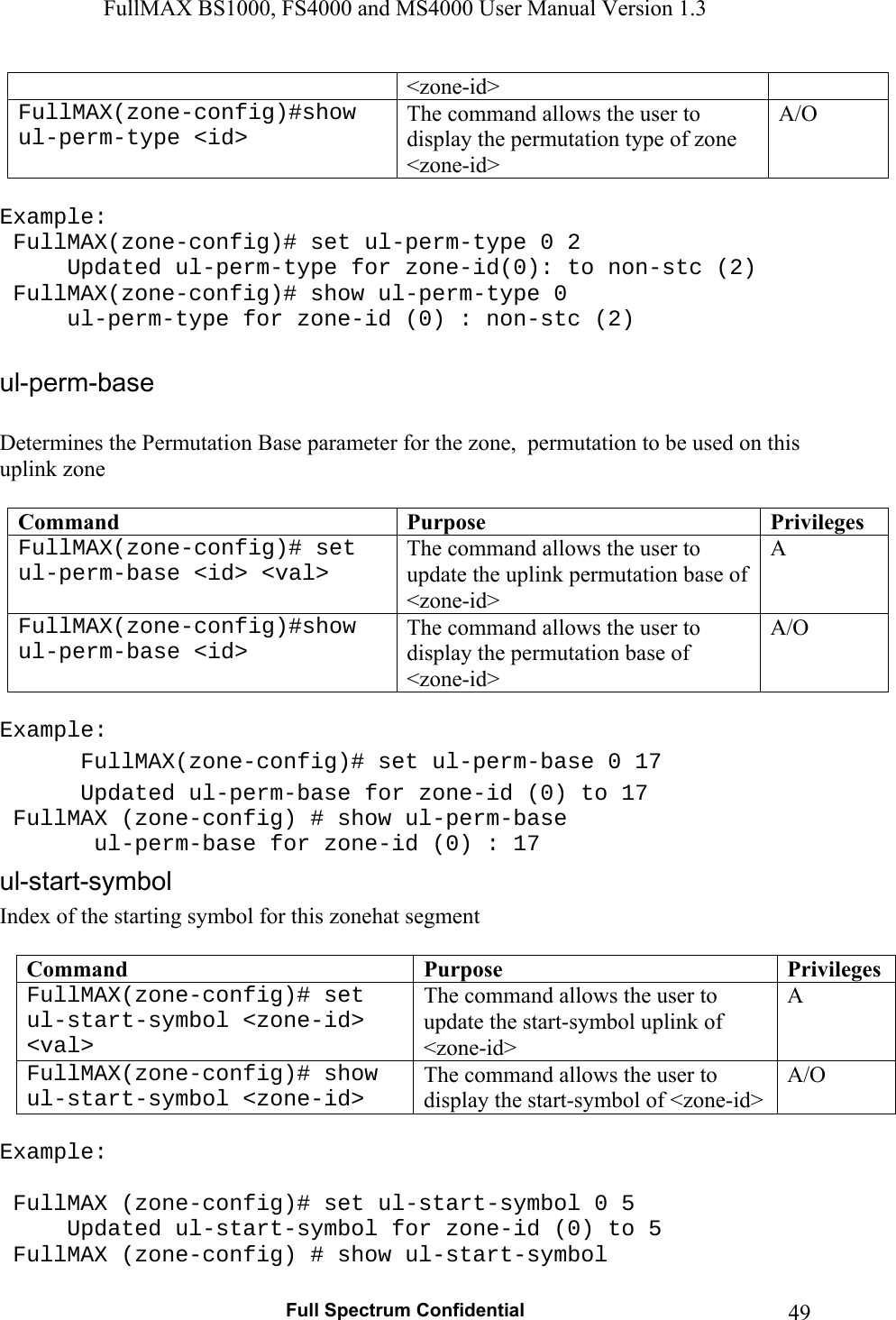 FullMAX BS1000, FS4000 and MS4000 User Manual Version 1.3   Full Spectrum Confidential  49&lt;zone-id&gt; FullMAX(zone-config)#show ul-perm-type &lt;id&gt; The command allows the user to display the permutation type of zone &lt;zone-id&gt; A/O  Example:  FullMAX(zone-config)# set ul-perm-type 0 2 Updated ul-perm-type for zone-id(0): to non-stc (2)   FullMAX(zone-config)# show ul-perm-type 0    ul-perm-type for zone-id (0) : non-stc (2)   Determines the Permutation Base parameter for the zone,  permutation to be used on this  uplink zone  Command  Purpose  PrivilegesFullMAX(zone-config)# set ul-perm-base &lt;id&gt; &lt;val&gt; The command allows the user to update the uplink permutation base of &lt;zone-id&gt; A FullMAX(zone-config)#show ul-perm-base &lt;id&gt; The command allows the user to display the permutation base of &lt;zone-id&gt; A/O  Example:  FullMAX(zone-config)# set ul-perm-base 0 17    Updated ul-perm-base for zone-id (0) to 17    FullMAX (zone-config) # show ul-perm-base     ul-perm-base for zone-id (0) : 17  Index of the starting symbol for this zonehat segment  Command  Purpose  PrivilegesFullMAX(zone-config)# set ul-start-symbol &lt;zone-id&gt; &lt;val&gt; The command allows the user to update the start-symbol uplink of &lt;zone-id&gt; A FullMAX(zone-config)# show ul-start-symbol &lt;zone-id&gt; The command allows the user to display the start-symbol of &lt;zone-id&gt; A/O  Example:   FullMAX (zone-config)# set ul-start-symbol 0 5   Updated ul-start-symbol for zone-id (0) to 5     FullMAX (zone-config) # show ul-start-symbol 