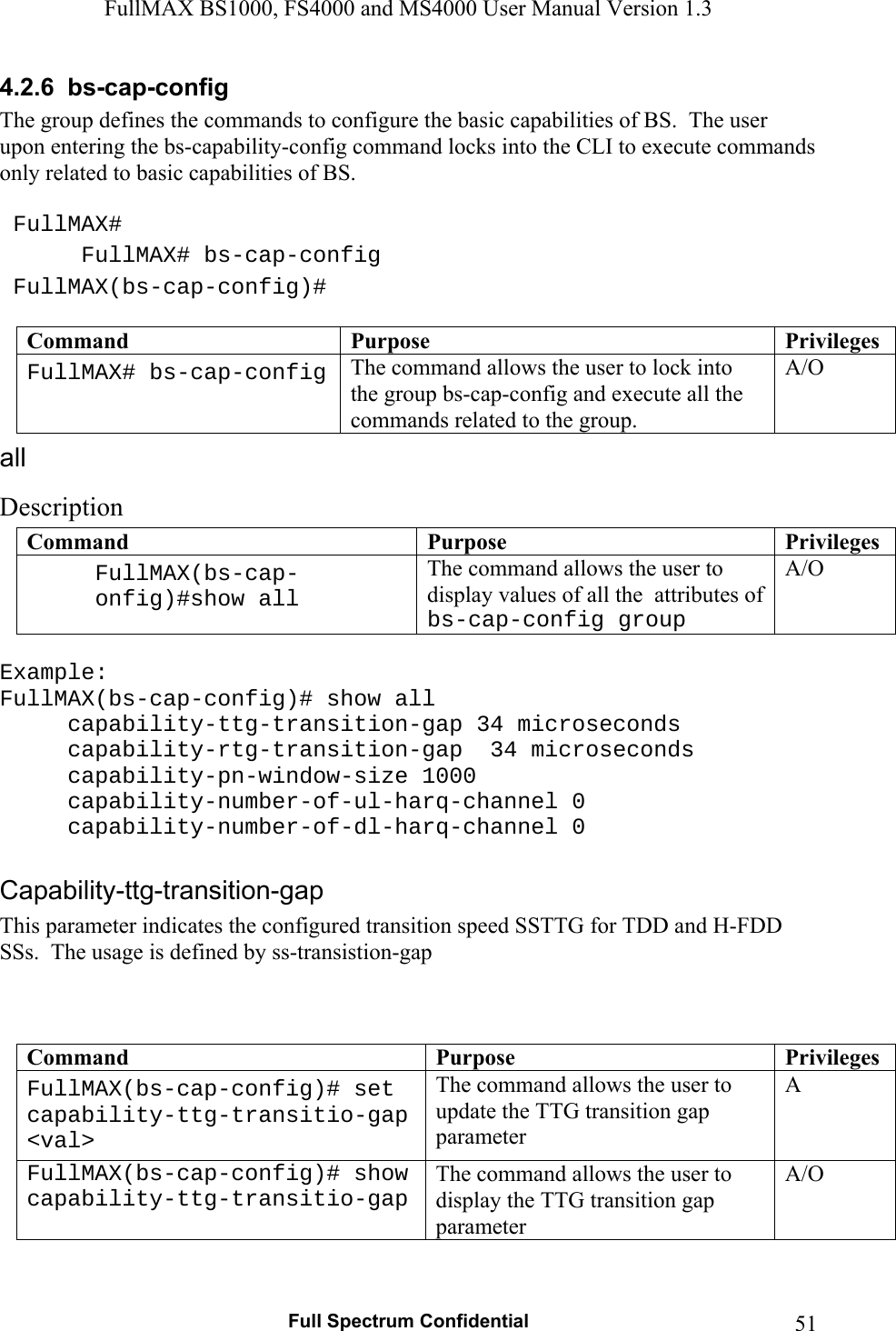 FullMAX BS1000, FS4000 and MS4000 User Manual Version 1.3   Full Spectrum Confidential  514.2.6  bs-cap-config The group defines the commands to configure the basic capabilities of BS.  The user upon entering the bs-capability-config command locks into the CLI to execute commands only related to basic capabilities of BS.   FullMAX#  FullMAX# bs-cap-config  FullMAX(bs-cap-config)#  Command  Purpose  PrivilegesFullMAX# bs-cap-config The command allows the user to lock into the group bs-cap-config and execute all the commands related to the group. A/O Description Command  Purpose  PrivilegesFullMAX(bs-cap-onfig)#show all The command allows the user to display values of all the  attributes ofbs-cap-config group A/O  Example: FullMAX(bs-cap-config)# show all   capability-ttg-transition-gap 34 microseconds   capability-rtg-transition-gap  34 microseconds  capability-pn-window-size 1000  capability-number-of-ul-harq-channel 0  capability-number-of-dl-harq-channel 0  This parameter indicates the configured transition speed SSTTG for TDD and H-FDD SSs.  The usage is defined by ss-transistion-gap    Command  Purpose  PrivilegesFullMAX(bs-cap-config)# set capability-ttg-transitio-gap &lt;val&gt; The command allows the user to update the TTG transition gap parameter A FullMAX(bs-cap-config)# show capability-ttg-transitio-gap The command allows the user to display the TTG transition gap parameter A/O  