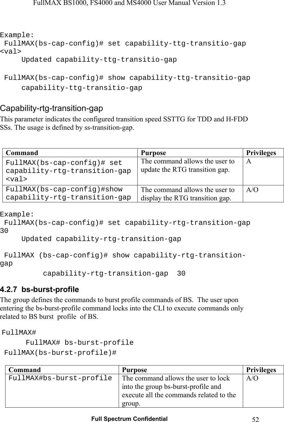 FullMAX BS1000, FS4000 and MS4000 User Manual Version 1.3   Full Spectrum Confidential  52 Example:  FullMAX(bs-cap-config)# set capability-ttg-transitio-gap &lt;val&gt; Updated capability-ttg-transitio-gap     FullMAX(bs-cap-config)# show capability-ttg-transitio-gap  capability-ttg-transitio-gap   This parameter indicates the configured transition speed SSTTG for TDD and H-FDD SSs. The usage is defined by ss-transition-gap.   Command  Purpose  PrivilegesFullMAX(bs-cap-config)# set capability-rtg-transition-gap &lt;val&gt; The command allows the user to update the RTG transition gap. A FullMAX(bs-cap-config)#show capability-rtg-transition-gap The command allows the user to display the RTG transition gap. A/O  Example:  FullMAX(bs-cap-config)# set capability-rtg-transition-gap 30  Updated capability-rtg-transition-gap    FullMAX (bs-cap-config)# show capability-rtg-transition-gap   capability-rtg-transition-gap  30 4.2.7  bs-burst-profile The group defines the commands to burst profile commands of BS.  The user upon entering the bs-burst-profile command locks into the CLI to execute commands only related to BS burst  profile  of BS.   FullMAX#  FullMAX# bs-burst-profile  FullMAX(bs-burst-profile)#  Command  Purpose  PrivilegesFullMAX#bs-burst-profile  The command allows the user to lock into the group bs-burst-profile and execute all the commands related to the group. A/O 