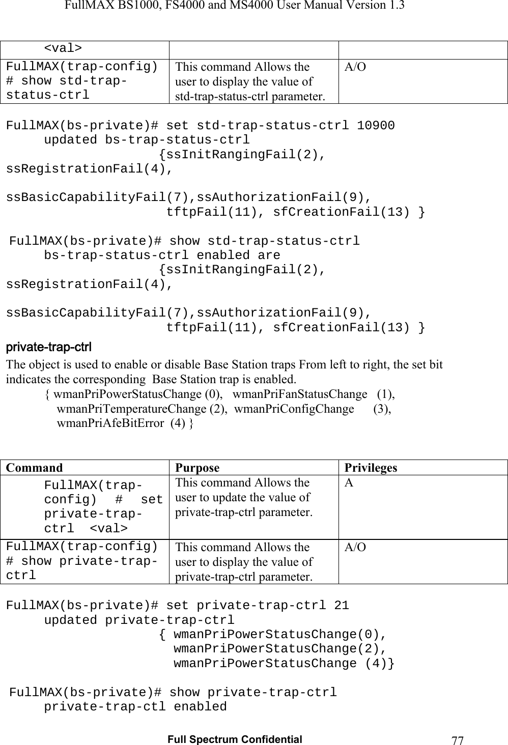 FullMAX BS1000, FS4000 and MS4000 User Manual Version 1.3   Full Spectrum Confidential  77&lt;val&gt; FullMAX(trap-config) # show std-trap-status-ctrl This command Allows the user to display the value of std-trap-status-ctrl parameter. A/O  FullMAX(bs-private)# set std-trap-status-ctrl 10900  updated bs-trap-status-ctrl      {ssInitRangingFail(2), ssRegistrationFail(4),      ssBasicCapabilityFail(7),ssAuthorizationFail(9),      tftpFail(11), sfCreationFail(13) }   FullMAX(bs-private)# show std-trap-status-ctrl   bs-trap-status-ctrl enabled are      {ssInitRangingFail(2), ssRegistrationFail(4),      ssBasicCapabilityFail(7),ssAuthorizationFail(9),      tftpFail(11), sfCreationFail(13) } The object is used to enable or disable Base Station traps From left to right, the set bit indicates the corresponding  Base Station trap is enabled.   { wmanPriPowerStatusChange (0),   wmanPriFanStatusChange   (1),                 wmanPriTemperatureChange (2),  wmanPriConfigChange      (3),                 wmanPriAfeBitError  (4) }   Command Purpose Privileges FullMAX(trap-config) # set private-trap-ctrl  &lt;val&gt; This command Allows the user to update the value of private-trap-ctrl parameter. A FullMAX(trap-config) # show private-trap-ctrl This command Allows the user to display the value of private-trap-ctrl parameter. A/O  FullMAX(bs-private)# set private-trap-ctrl 21 updated private-trap-ctrl      { wmanPriPowerStatusChange(0),                 wmanPriPowerStatusChange(2),              wmanPriPowerStatusChange (4)}   FullMAX(bs-private)# show private-trap-ctrl  private-trap-ctl enabled  