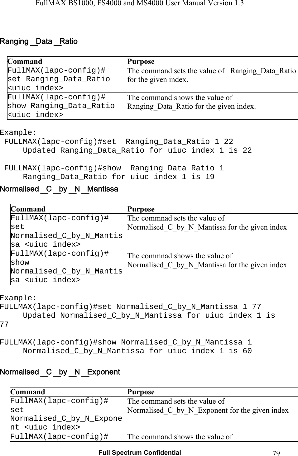 FullMAX BS1000, FS4000 and MS4000 User Manual Version 1.3   Full Spectrum Confidential  79  Command  Purpose FullMAX(lapc-config)#  set Ranging_Data_Ratio &lt;uiuc index&gt; The command sets the value of   Ranging_Data_Ratio for the given index. FullMAX(lapc-config)#  show Ranging_Data_Ratio &lt;uiuc index&gt; The command shows the value of   Ranging_Data_Ratio for the given index.  Example:  FULLMAX(lapc-config)#set  Ranging_Data_Ratio 1 22 Updated Ranging_Data_Ratio for uiuc index 1 is 22   FULLMAX(lapc-config)#show  Ranging_Data_Ratio 1 Ranging_Data_Ratio for uiuc index 1 is 19  Command  Purpose FullMAX(lapc-config)#  set Normalised_C_by_N_Mantissa &lt;uiuc index&gt; The commnad sets the value of  Normalised_C_by_N_Mantissa for the given index FullMAX(lapc-config)#  show Normalised_C_by_N_Mantissa &lt;uiuc index&gt; The commnad shows the value of  Normalised_C_by_N_Mantissa for the given index  Example: FULLMAX(lapc-config)#set Normalised_C_by_N_Mantissa 1 77 Updated Normalised_C_by_N_Mantissa for uiuc index 1 is 77  FULLMAX(lapc-config)#show Normalised_C_by_N_Mantissa 1 Normalised_C_by_N_Mantissa for uiuc index 1 is 60   Command  Purpose FullMAX(lapc-config)#  set Normalised_C_by_N_Exponent &lt;uiuc index&gt; The command sets the value of Normalised_C_by_N_Exponent for the given index FullMAX(lapc-config)#   The command shows the value of 