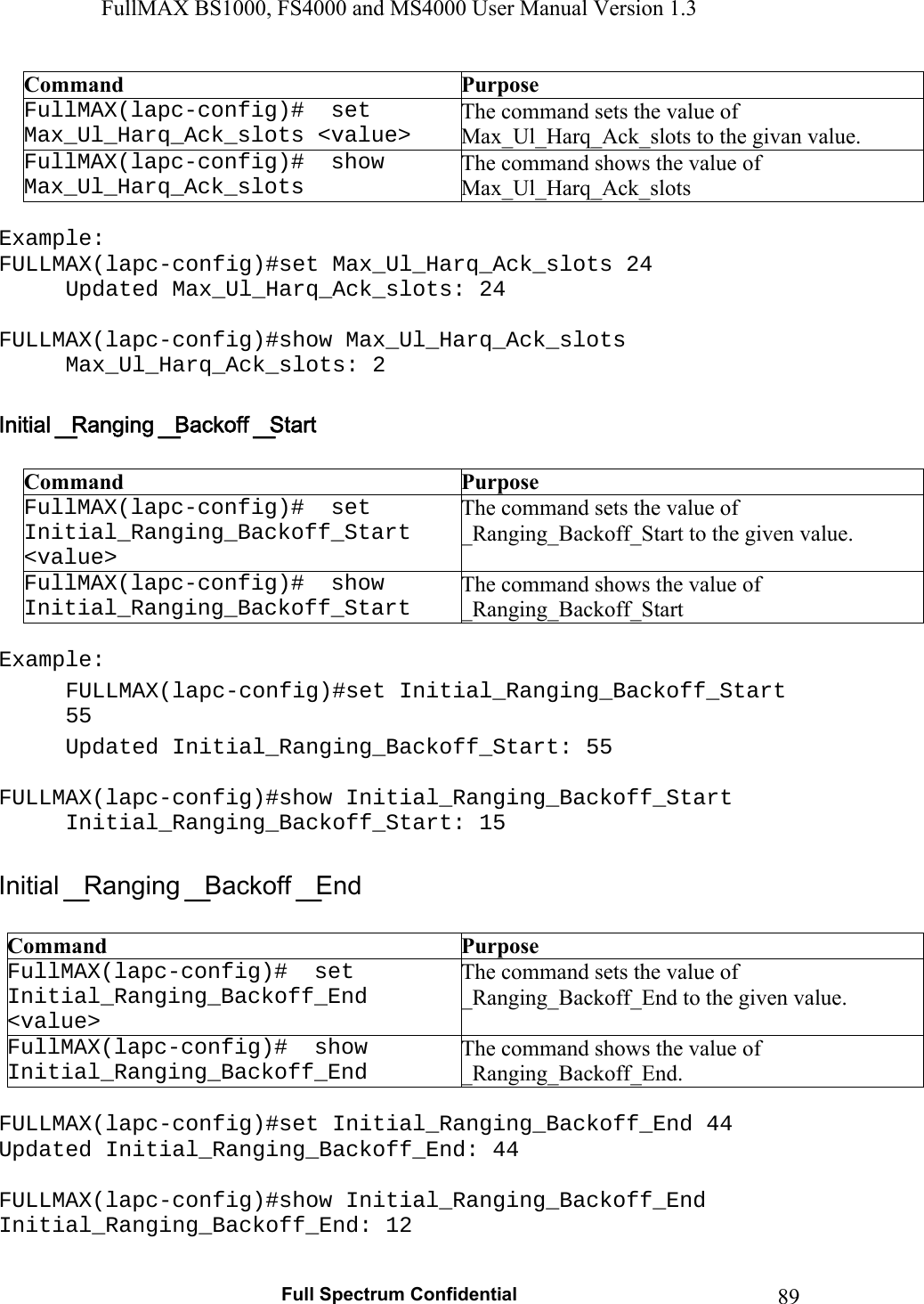 FullMAX BS1000, FS4000 and MS4000 User Manual Version 1.3   Full Spectrum Confidential  89Command  Purpose FullMAX(lapc-config)#  set Max_Ul_Harq_Ack_slots &lt;value&gt; The command sets the value of Max_Ul_Harq_Ack_slots to the givan value.FullMAX(lapc-config)#  show Max_Ul_Harq_Ack_slots The command shows the value of Max_Ul_Harq_Ack_slots  Example: FULLMAX(lapc-config)#set Max_Ul_Harq_Ack_slots 24 Updated Max_Ul_Harq_Ack_slots: 24  FULLMAX(lapc-config)#show Max_Ul_Harq_Ack_slots Max_Ul_Harq_Ack_slots: 2   Command  Purpose FullMAX(lapc-config)#  set Initial_Ranging_Backoff_Start &lt;value&gt; The command sets the value of _Ranging_Backoff_Start to the given value. FullMAX(lapc-config)#  show Initial_Ranging_Backoff_Start The command shows the value of _Ranging_Backoff_Start  Example: FULLMAX(lapc-config)#set Initial_Ranging_Backoff_Start 55 Updated Initial_Ranging_Backoff_Start: 55  FULLMAX(lapc-config)#show Initial_Ranging_Backoff_Start Initial_Ranging_Backoff_Start: 15   Command  Purpose FullMAX(lapc-config)#  set Initial_Ranging_Backoff_End &lt;value&gt; The command sets the value of  _Ranging_Backoff_End to the given value. FullMAX(lapc-config)#  show Initial_Ranging_Backoff_End The command shows the value of  _Ranging_Backoff_End.  FULLMAX(lapc-config)#set Initial_Ranging_Backoff_End 44 Updated Initial_Ranging_Backoff_End: 44  FULLMAX(lapc-config)#show Initial_Ranging_Backoff_End Initial_Ranging_Backoff_End: 12 