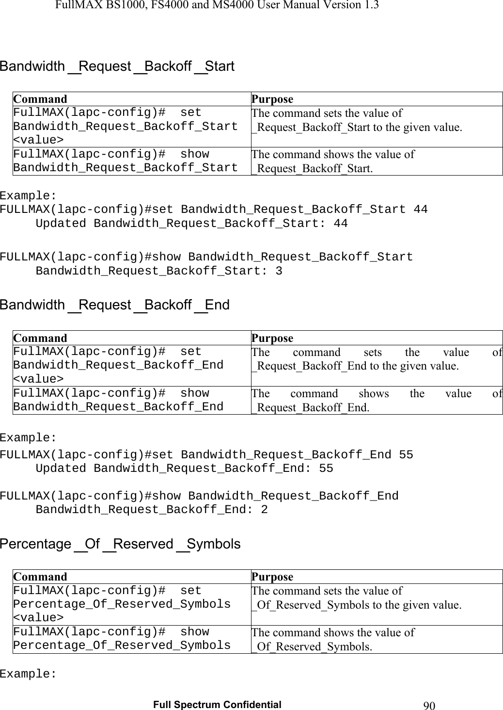 FullMAX BS1000, FS4000 and MS4000 User Manual Version 1.3   Full Spectrum Confidential  90  Command  Purpose FullMAX(lapc-config)#  set Bandwidth_Request_Backoff_Start &lt;value&gt; The command sets the value of  _Request_Backoff_Start to the given value. FullMAX(lapc-config)#  show Bandwidth_Request_Backoff_Start The command shows the value of  _Request_Backoff_Start.  Example: FULLMAX(lapc-config)#set Bandwidth_Request_Backoff_Start 44 Updated Bandwidth_Request_Backoff_Start: 44  FULLMAX(lapc-config)#show Bandwidth_Request_Backoff_Start Bandwidth_Request_Backoff_Start: 3   Command  Purpose FullMAX(lapc-config)#  set Bandwidth_Request_Backoff_End &lt;value&gt; The  command  sets  the  value  of_Request_Backoff_End to the given value. FullMAX(lapc-config)#  show Bandwidth_Request_Backoff_End The  command  shows  the  value  of _Request_Backoff_End.  Example: FULLMAX(lapc-config)#set Bandwidth_Request_Backoff_End 55 Updated Bandwidth_Request_Backoff_End: 55  FULLMAX(lapc-config)#show Bandwidth_Request_Backoff_End Bandwidth_Request_Backoff_End: 2   Command  Purpose FullMAX(lapc-config)#  set Percentage_Of_Reserved_Symbols &lt;value&gt; The command sets the value of _Of_Reserved_Symbols to the given value. FullMAX(lapc-config)#  show Percentage_Of_Reserved_Symbols The command shows the value of _Of_Reserved_Symbols.  Example: 