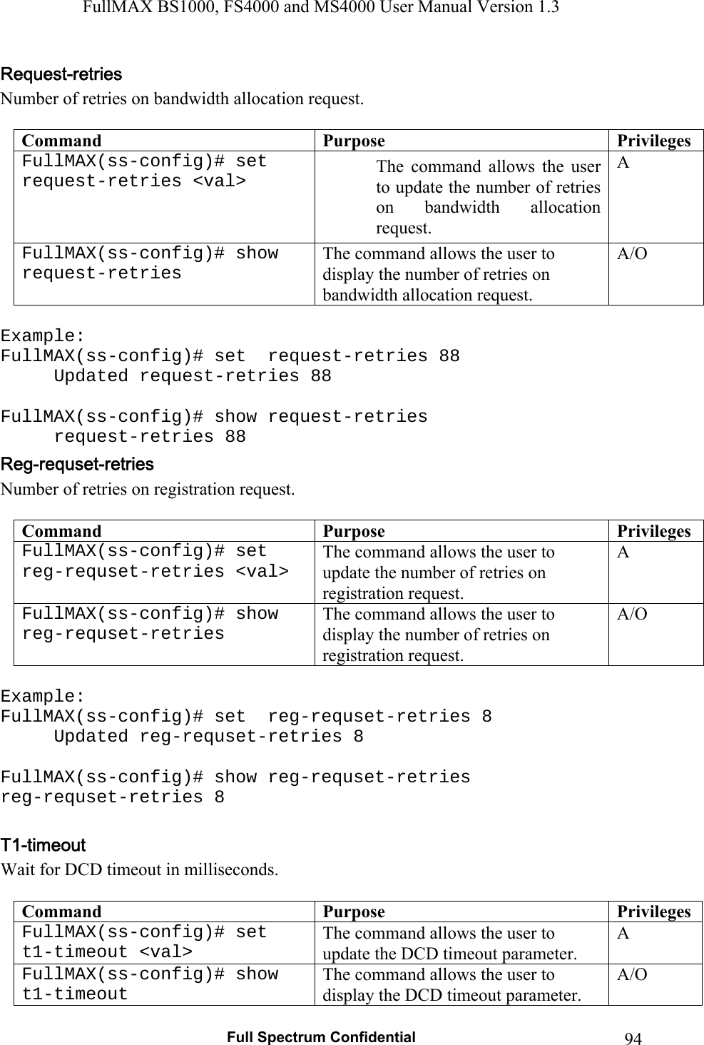 FullMAX BS1000, FS4000 and MS4000 User Manual Version 1.3   Full Spectrum Confidential  94Number of retries on bandwidth allocation request.  Command  Purpose  PrivilegesFullMAX(ss-config)# set  request-retries &lt;val&gt;  The  command  allows  the  user to update the number of retries on  bandwidth  allocation request. A FullMAX(ss-config)# show request-retries The command allows the user to display the number of retries on bandwidth allocation request. A/O  Example: FullMAX(ss-config)# set  request-retries 88 Updated request-retries 88  FullMAX(ss-config)# show request-retries  request-retries 88 Number of retries on registration request.  Command  Purpose  PrivilegesFullMAX(ss-config)# set  reg-requset-retries &lt;val&gt; The command allows the user to update the number of retries on registration request. A FullMAX(ss-config)# show reg-requset-retries The command allows the user to display the number of retries on registration request. A/O  Example: FullMAX(ss-config)# set  reg-requset-retries 8 Updated reg-requset-retries 8  FullMAX(ss-config)# show reg-requset-retries  reg-requset-retries 8  Wait for DCD timeout in milliseconds.  Command  Purpose  PrivilegesFullMAX(ss-config)# set  t1-timeout &lt;val&gt; The command allows the user to update the DCD timeout parameter. A FullMAX(ss-config)# show t1-timeout The command allows the user to display the DCD timeout parameter. A/O 