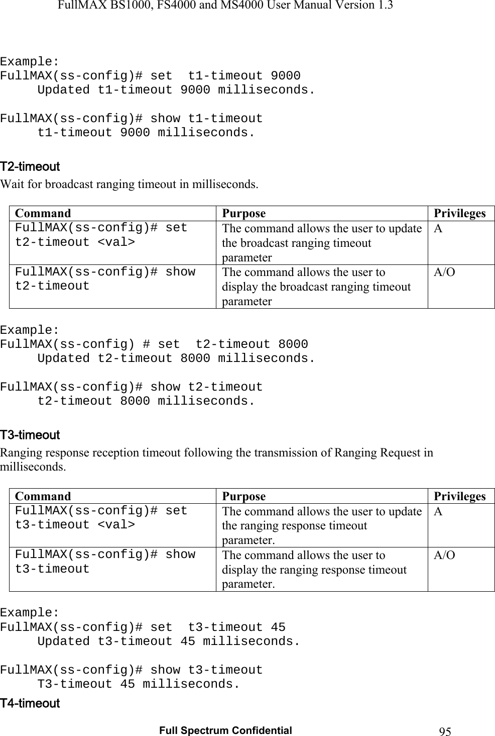 FullMAX BS1000, FS4000 and MS4000 User Manual Version 1.3   Full Spectrum Confidential  95 Example: FullMAX(ss-config)# set  t1-timeout 9000 Updated t1-timeout 9000 milliseconds.  FullMAX(ss-config)# show t1-timeout   t1-timeout 9000 milliseconds.  Wait for broadcast ranging timeout in milliseconds.  Command  Purpose  PrivilegesFullMAX(ss-config)# set  t2-timeout &lt;val&gt; The command allows the user to update the broadcast ranging timeout parameter A FullMAX(ss-config)# show t2-timeout The command allows the user to display the broadcast ranging timeout parameter A/O  Example: FullMAX(ss-config) # set  t2-timeout 8000 Updated t2-timeout 8000 milliseconds.  FullMAX(ss-config)# show t2-timeout   t2-timeout 8000 milliseconds.  Ranging response reception timeout following the transmission of Ranging Request in milliseconds.  Command  Purpose  PrivilegesFullMAX(ss-config)# set  t3-timeout &lt;val&gt; The command allows the user to update the ranging response timeout parameter. A FullMAX(ss-config)# show t3-timeout The command allows the user to display the ranging response timeout parameter. A/O  Example: FullMAX(ss-config)# set  t3-timeout 45 Updated t3-timeout 45 milliseconds.  FullMAX(ss-config)# show t3-timeout   T3-timeout 45 milliseconds. 