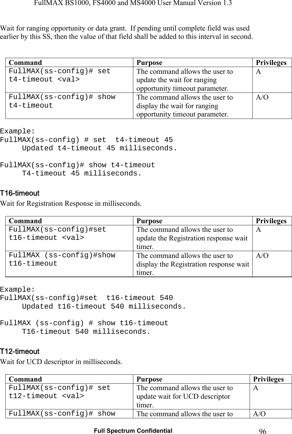 FullMAX BS1000, FS4000 and MS4000 User Manual Version 1.3   Full Spectrum Confidential  96Wait for ranging opportunity or data grant.  If pending until complete field was used earlier by this SS, then the value of that field shall be added to this interval in second.   Command  Purpose  PrivilegesFullMAX(ss-config)# set  t4-timeout &lt;val&gt; The command allows the user to update the wait for ranging opportunity timeout parameter. A FullMAX(ss-config)# show t4-timeout The command allows the user to display the wait for ranging opportunity timeout parameter. A/O  Example: FullMAX(ss-config) # set  t4-timeout 45 Updated t4-timeout 45 milliseconds.  FullMAX(ss-config)# show t4-timeout   T4-timeout 45 milliseconds.  Wait for Registration Response in milliseconds.  Command  Purpose  PrivilegesFullMAX(ss-config)#set  t16-timeout &lt;val&gt; The command allows the user to update the Registration response wait timer. A FullMAX (ss-config)#show t16-timeout The command allows the user to display the Registration response wait timer. A/O  Example: FullMAX(ss-config)#set  t16-timeout 540 Updated t16-timeout 540 milliseconds.  FullMAX (ss-config) # show t16-timeout   T16-timeout 540 milliseconds.  Wait for UCD descriptor in milliseconds.  Command  Purpose  PrivilegesFullMAX(ss-config)# set  t12-timeout &lt;val&gt; The command allows the user to update wait for UCD descriptor timer. A FullMAX(ss-config)# show  The command allows the user to  A/O 