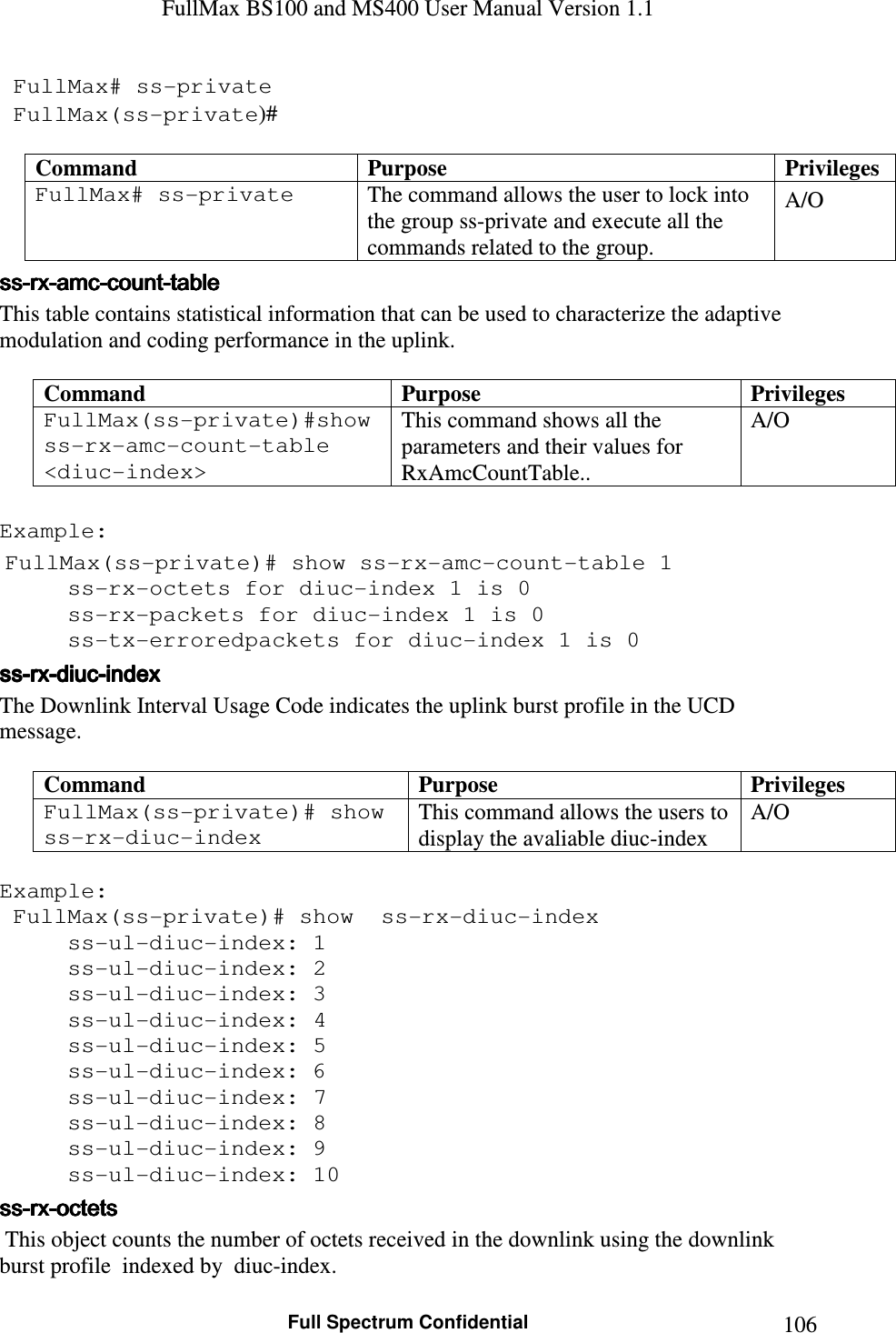 FullMax BS100 and MS400 User Manual Version 1.1    Full Spectrum Confidential  106 FullMax# ss-private  FullMax(ss-private)#  Command  Purpose  Privileges FullMax# ss-private  The command allows the user to lock into the group ss-private and execute all the commands related to the group. A/O ssssssss----rxrxrxrx----amcamcamcamc----countcountcountcount----tabletabletabletable    This table contains statistical information that can be used to characterize the adaptive modulation and coding performance in the uplink.  Command  Purpose  Privileges FullMax(ss-private)#show ss-rx-amc-count-table     &lt;diuc-index&gt; This command shows all the parameters and their values for  RxAmcCountTable.. A/O  Example:  FullMax(ss-private)# show ss-rx-amc-count-table 1      ss-rx-octets for diuc-index 1 is 0   ss-rx-packets for diuc-index 1 is 0   ss-tx-erroredpackets for diuc-index 1 is 0 ssssssss----rxrxrxrx----diucdiucdiucdiuc----indexindexindexindex    The Downlink Interval Usage Code indicates the uplink burst profile in the UCD message.  Command  Purpose  Privileges FullMax(ss-private)# show ss-rx-diuc-index This command allows the users to display the avaliable diuc-index A/O  Example:  FullMax(ss-private)# show  ss-rx-diuc-index   ss-ul-diuc-index: 1   ss-ul-diuc-index: 2   ss-ul-diuc-index: 3   ss-ul-diuc-index: 4   ss-ul-diuc-index: 5   ss-ul-diuc-index: 6   ss-ul-diuc-index: 7   ss-ul-diuc-index: 8   ss-ul-diuc-index: 9   ss-ul-diuc-index: 10 ssssssss----rxrxrxrx----octetsoctetsoctetsoctets     This object counts the number of octets received in the downlink using the downlink burst profile  indexed by  diuc-index. 