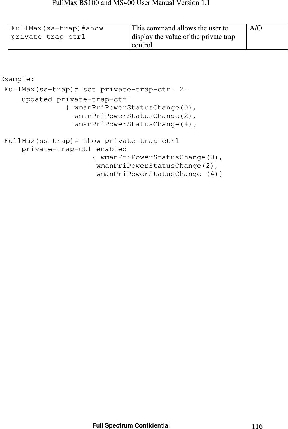 FullMax BS100 and MS400 User Manual Version 1.1    Full Spectrum Confidential  116FullMax(ss-trap)#show private-trap-ctrl  This command allows the user to display the value of the private trap control  A/O    Example:  FullMax(ss-trap)# set private-trap-ctrl 21   updated private-trap-ctrl        { wmanPriPowerStatusChange(0),            wmanPriPowerStatusChange(2),         wmanPriPowerStatusChange(4)}   FullMax(ss-trap)# show private-trap-ctrl   private-trap-ctl enabled           { wmanPriPowerStatusChange(0),                 wmanPriPowerStatusChange(2),              wmanPriPowerStatusChange (4)}    