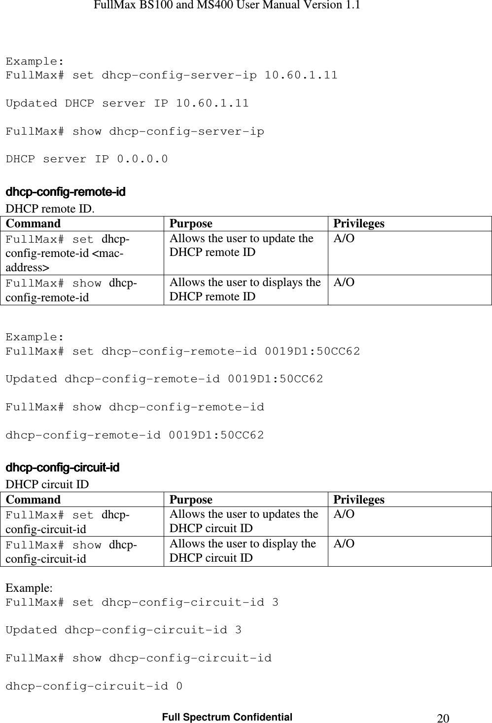 FullMax BS100 and MS400 User Manual Version 1.1    Full Spectrum Confidential  20 Example: FullMax# set dhcp-config-server-ip 10.60.1.11  Updated DHCP server IP 10.60.1.11  FullMax# show dhcp-config-server-ip  DHCP server IP 0.0.0.0  dhcpdhcpdhcpdhcp----configconfigconfigconfig----remoteremoteremoteremote----idididid    DHCP remote ID. Command Purpose Privileges FullMax# set dhcp-config-remote-id &lt;mac-address&gt; Allows the user to update the DHCP remote ID A/O FullMax# show dhcp-config-remote-id Allows the user to displays the DHCP remote ID A/O  Example: FullMax# set dhcp-config-remote-id 0019D1:50CC62  Updated dhcp-config-remote-id 0019D1:50CC62  FullMax# show dhcp-config-remote-id  dhcp-config-remote-id 0019D1:50CC62  dhcpdhcpdhcpdhcp----configconfigconfigconfig----circuitcircuitcircuitcircuit----idididid    DHCP circuit ID Command Purpose Privileges FullMax# set dhcp-config-circuit-id Allows the user to updates the DHCP circuit ID A/O FullMax# show dhcp-config-circuit-id Allows the user to display the DHCP circuit ID A/O  Example: FullMax# set dhcp-config-circuit-id 3  Updated dhcp-config-circuit-id 3  FullMax# show dhcp-config-circuit-id  dhcp-config-circuit-id 0 