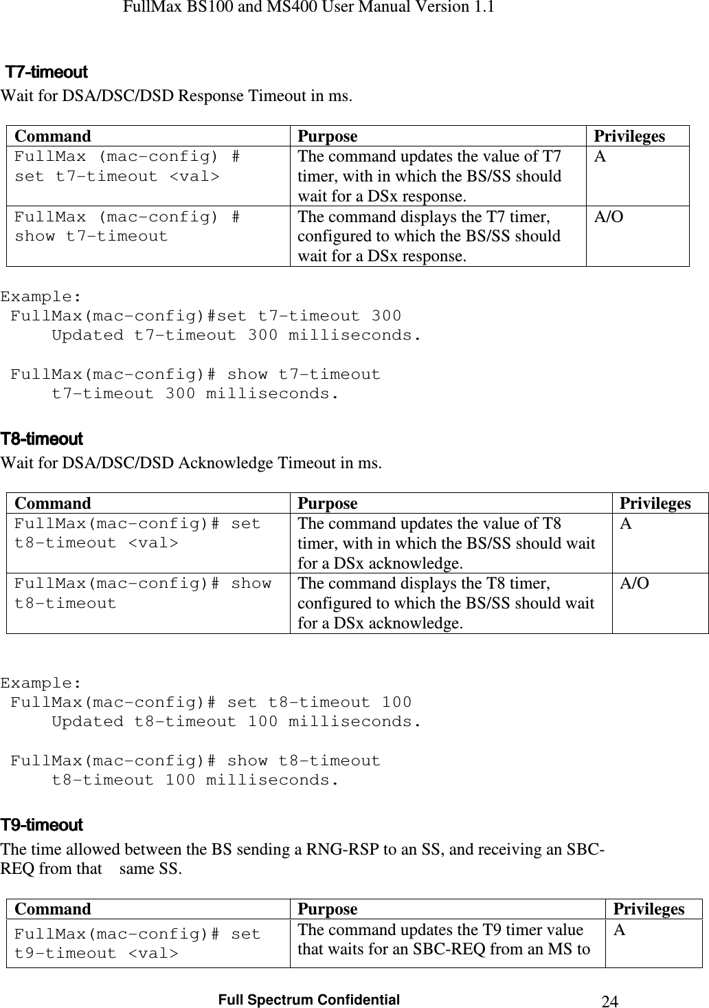 FullMax BS100 and MS400 User Manual Version 1.1    Full Spectrum Confidential  24    TTTT7777----timeouttimeouttimeouttimeout    Wait for DSA/DSC/DSD Response Timeout in ms.  Command  Purpose  Privileges FullMax (mac-config) # set t7-timeout &lt;val&gt; The command updates the value of T7 timer, with in which the BS/SS should wait for a DSx response. A FullMax (mac-config) # show t7-timeout The command displays the T7 timer, configured to which the BS/SS should wait for a DSx response. A/O  Example:  FullMax(mac-config)#set t7-timeout 300   Updated t7-timeout 300 milliseconds.     FullMax(mac-config)# show t7-timeout   t7-timeout 300 milliseconds.  T8T8T8T8----timeouttimeouttimeouttimeout    Wait for DSA/DSC/DSD Acknowledge Timeout in ms.  Command  Purpose  Privileges FullMax(mac-config)# set t8-timeout &lt;val&gt; The command updates the value of T8 timer, with in which the BS/SS should wait for a DSx acknowledge. A FullMax(mac-config)# show t8-timeout The command displays the T8 timer, configured to which the BS/SS should wait for a DSx acknowledge. A/O   Example:  FullMax(mac-config)# set t8-timeout 100   Updated t8-timeout 100 milliseconds.     FullMax(mac-config)# show t8-timeout   t8-timeout 100 milliseconds.  TTTT9999----timeouttimeouttimeouttimeout    The time allowed between the BS sending a RNG-RSP to an SS, and receiving an SBC-REQ from that    same SS.  Command  Purpose  Privileges FullMax(mac-config)# set t9-timeout &lt;val&gt; The command updates the T9 timer value that waits for an SBC-REQ from an MS to A 