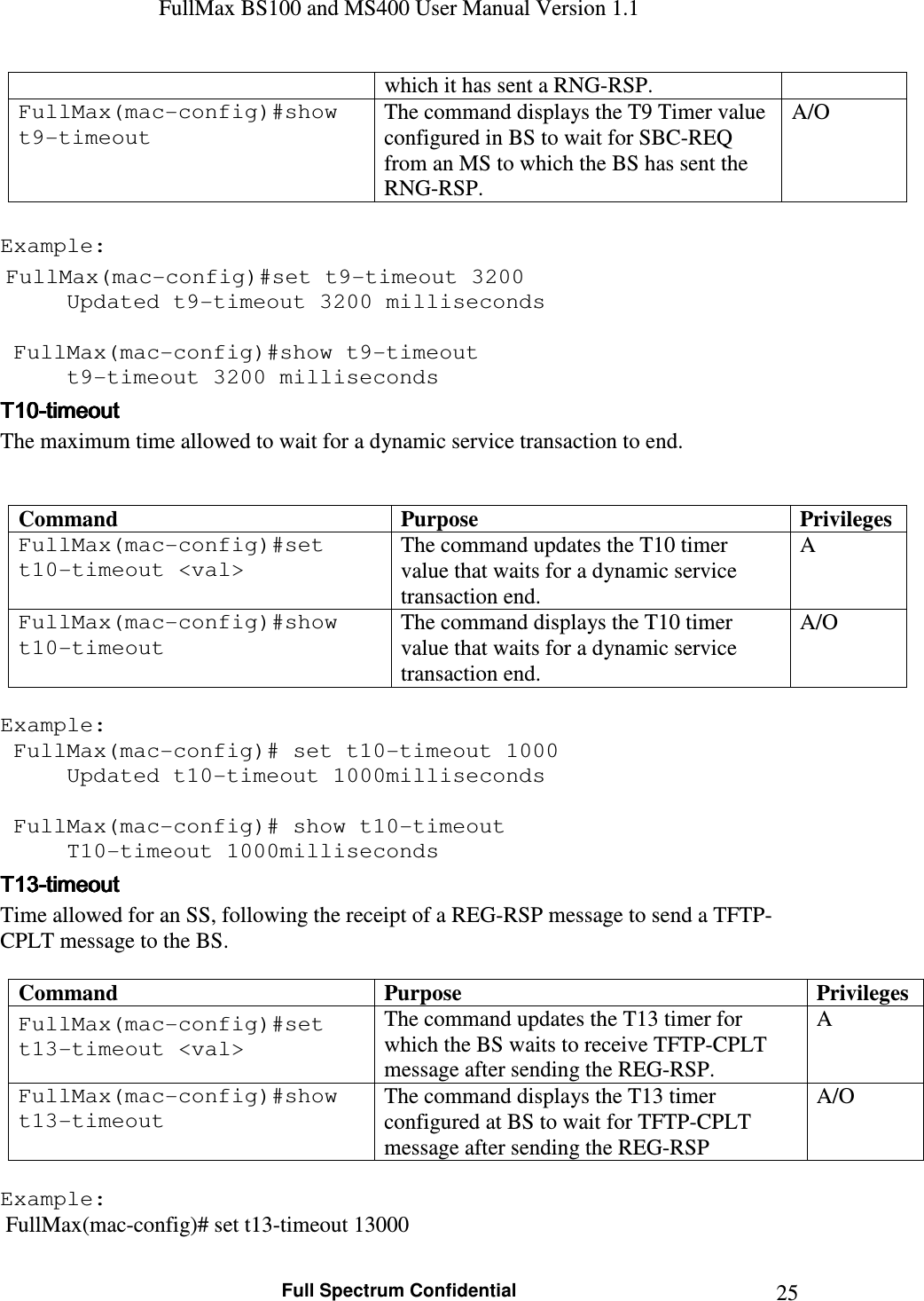 FullMax BS100 and MS400 User Manual Version 1.1    Full Spectrum Confidential  25which it has sent a RNG-RSP. FullMax(mac-config)#show t9-timeout The command displays the T9 Timer value configured in BS to wait for SBC-REQ from an MS to which the BS has sent the RNG-RSP. A/O  Example:  FullMax(mac-config)#set t9-timeout 3200   Updated t9-timeout 3200 milliseconds     FullMax(mac-config)#show t9-timeout   t9-timeout 3200 milliseconds TTTT11110000----timeouttimeouttimeouttimeout    The maximum time allowed to wait for a dynamic service transaction to end.   Command  Purpose  Privileges FullMax(mac-config)#set t10-timeout &lt;val&gt; The command updates the T10 timer value that waits for a dynamic service transaction end. A FullMax(mac-config)#show t10-timeout The command displays the T10 timer value that waits for a dynamic service transaction end. A/O  Example:  FullMax(mac-config)# set t10-timeout 1000   Updated t10-timeout 1000milliseconds     FullMax(mac-config)# show t10-timeout   T10-timeout 1000milliseconds TTTT13131313----timeouttimeouttimeouttimeout    Time allowed for an SS, following the receipt of a REG-RSP message to send a TFTP-CPLT message to the BS.  Command  Purpose  Privileges FullMax(mac-config)#set t13-timeout &lt;val&gt; The command updates the T13 timer for which the BS waits to receive TFTP-CPLT message after sending the REG-RSP. A FullMax(mac-config)#show t13-timeout The command displays the T13 timer configured at BS to wait for TFTP-CPLT message after sending the REG-RSP A/O  Example:  FullMax(mac-config)# set t13-timeout 13000 