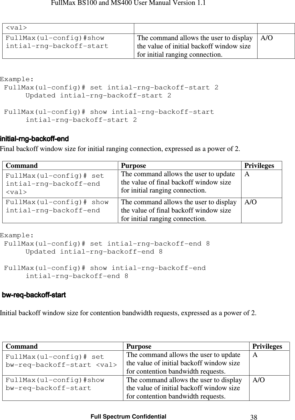 FullMax BS100 and MS400 User Manual Version 1.1    Full Spectrum Confidential  38&lt;val&gt; FullMax(ul-config)#show intial-rng-backoff-start The command allows the user to display the value of initial backoff window size for initial ranging connection. A/O   Example:  FullMax(ul-config)# set intial-rng-backoff-start 2    Updated intial-rng-backoff-start 2   FullMax(ul-config)# show intial-rng-backoff-start    intial-rng-backoff-start 2  initialinitialinitialinitial----rngrngrngrng----backoffbackoffbackoffbackoff----endendendend    Final backoff window size for initial ranging connection, expressed as a power of 2.  Command  Purpose  Privileges FullMax(ul-config)# set intial-rng-backoff-end &lt;val&gt; The command allows the user to update the value of final backoff window size for initial ranging connection. A FullMax(ul-config)# show intial-rng-backoff-end The command allows the user to display the value of final backoff window size for initial ranging connection. A/O  Example:  FullMax(ul-config)# set intial-rng-backoff-end 8    Updated intial-rng-backoff-end 8     FullMax(ul-config)# show intial-rng-backoff-end    intial-rng-backoff-end 8      bwbwbwbw----reqreqreqreq----backoffbackoffbackoffbackoff----startstartstartstart     Initial backoff window size for contention bandwidth requests, expressed as a power of 2.    Command  Purpose  Privileges FullMax(ul-config)# set bw-req-backoff-start &lt;val&gt; The command allows the user to update the value of initial backoff window size for contention bandwidth requests. A FullMax(ul-config)#show bw-req-backoff-start The command allows the user to display the value of initial backoff window size for contention bandwidth requests. A/O 