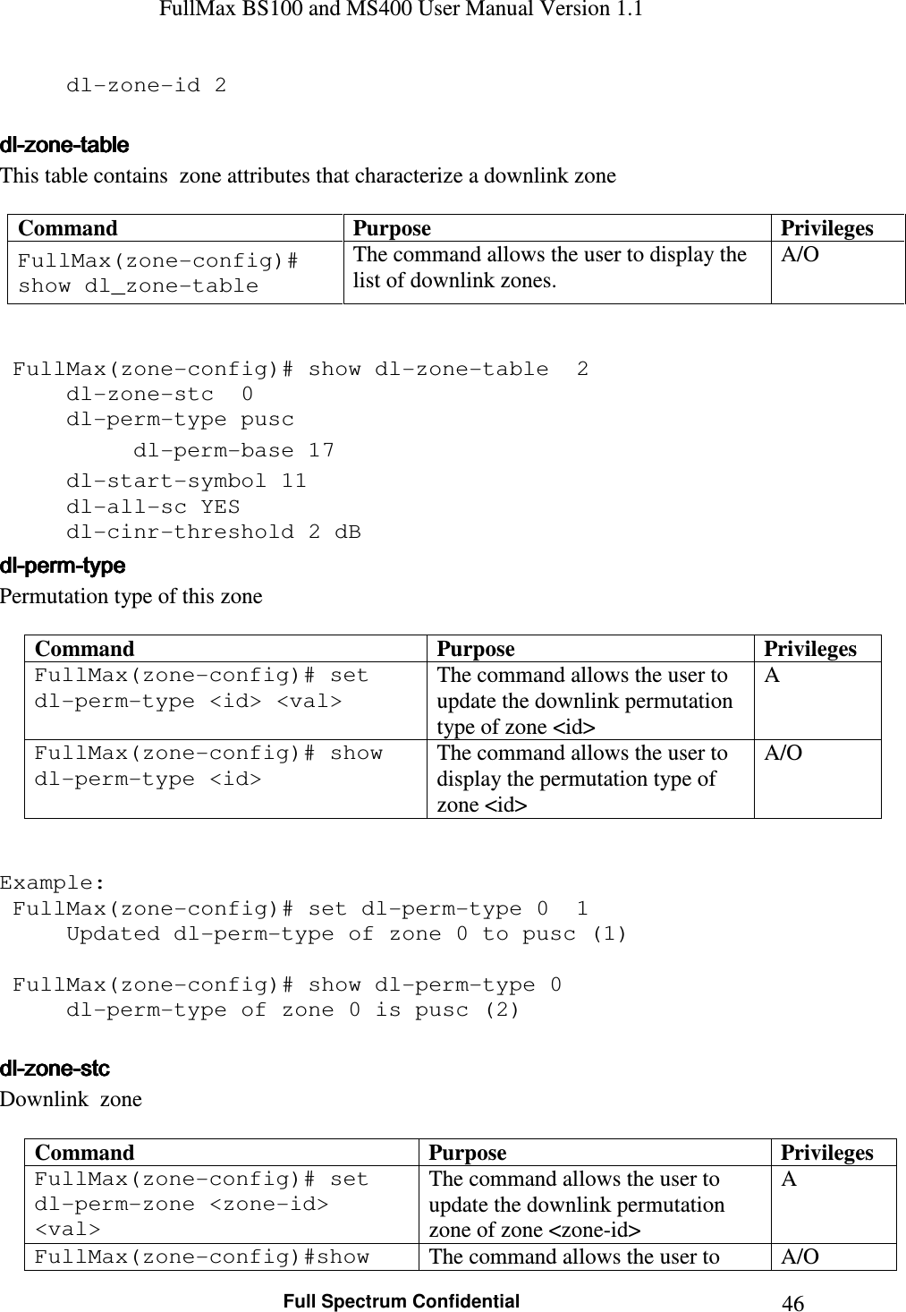 FullMax BS100 and MS400 User Manual Version 1.1    Full Spectrum Confidential  46  dl-zone-id 2  dldldldl----zonezonezonezone----tabletabletabletable    This table contains  zone attributes that characterize a downlink zone  Command  Purpose  Privileges FullMax(zone-config)# show dl_zone-table The command allows the user to display the list of downlink zones. A/O    FullMax(zone-config)# show dl-zone-table  2 dl-zone-stc  0     dl-perm-type pusc    dl-perm-base 17    dl-start-symbol 11     dl-all-sc YES   dl-cinr-threshold 2 dB dldldldl----permpermpermperm----typetypetypetype    Permutation type of this zone  Command  Purpose  Privileges FullMax(zone-config)# set dl-perm-type &lt;id&gt; &lt;val&gt; The command allows the user to update the downlink permutation type of zone &lt;id&gt; A FullMax(zone-config)# show dl-perm-type &lt;id&gt; The command allows the user to display the permutation type of zone &lt;id&gt; A/O   Example:  FullMax(zone-config)# set dl-perm-type 0  1   Updated dl-perm-type of zone 0 to pusc (1)      FullMax(zone-config)# show dl-perm-type 0   dl-perm-type of zone 0 is pusc (2)   dldldldl----zonezonezonezone----stcstcstcstc    Downlink  zone   Command  Purpose  Privileges FullMax(zone-config)# set dl-perm-zone &lt;zone-id&gt; &lt;val&gt; The command allows the user to update the downlink permutation zone of zone &lt;zone-id&gt; A FullMax(zone-config)#show  The command allows the user to  A/O 