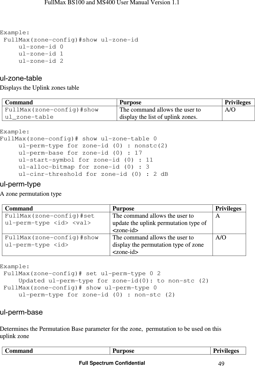 FullMax BS100 and MS400 User Manual Version 1.1    Full Spectrum Confidential  49 Example:  FullMax(zone-config)#show ul-zone-id   ul-zone-id 0   ul-zone-id 1   ul-zone-id 2  ul-zone-table Displays the Uplink zones table  Command  Purpose  Privileges FullMax(zone-config)#show ul_zone-table The command allows the user to display the list of uplink zones. A/O  Example: FullMax(zone-config)# show ul-zone-table 0 ul-perm-type for zone-id (0) : nonstc(2) ul-perm-base for zone-id (0) : 17 ul-start-symbol for zone-id (0) : 11  ul-alloc-bitmap for zone-id (0) : 3 ul-cinr-threshold for zone-id (0) : 2 dB ul-perm-type A zone permutation type  Command  Purpose  Privileges FullMax(zone-config)#set ul-perm-type &lt;id&gt; &lt;val&gt; The command allows the user to update the uplink permutation type of &lt;zone-id&gt; A FullMax(zone-config)#show ul-perm-type &lt;id&gt; The command allows the user to display the permutation type of zone &lt;zone-id&gt; A/O  Example:  FullMax(zone-config)# set ul-perm-type 0 2 Updated ul-perm-type for zone-id(0): to non-stc (2)   FullMax(zone-config)# show ul-perm-type 0    ul-perm-type for zone-id (0) : non-stc (2)  ul-perm-base  Determines the Permutation Base parameter for the zone,  permutation to be used on this  uplink zone  Command  Purpose  Privileges 