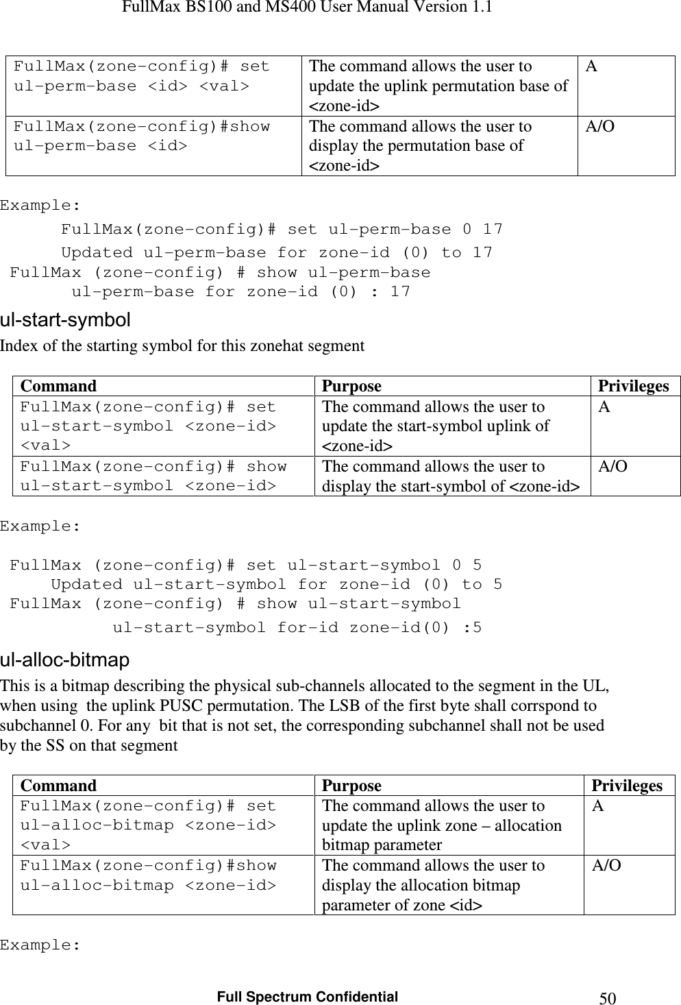 FullMax BS100 and MS400 User Manual Version 1.1    Full Spectrum Confidential  50FullMax(zone-config)# set ul-perm-base &lt;id&gt; &lt;val&gt; The command allows the user to update the uplink permutation base of &lt;zone-id&gt; A FullMax(zone-config)#show ul-perm-base &lt;id&gt; The command allows the user to display the permutation base of &lt;zone-id&gt; A/O  Example:  FullMax(zone-config)# set ul-perm-base 0 17    Updated ul-perm-base for zone-id (0) to 17    FullMax (zone-config) # show ul-perm-base     ul-perm-base for zone-id (0) : 17  ul-start-symbol Index of the starting symbol for this zonehat segment  Command  Purpose  Privileges FullMax(zone-config)# set ul-start-symbol &lt;zone-id&gt; &lt;val&gt; The command allows the user to update the start-symbol uplink of &lt;zone-id&gt; A FullMax(zone-config)# show ul-start-symbol &lt;zone-id&gt; The command allows the user to display the start-symbol of &lt;zone-id&gt; A/O  Example:   FullMax (zone-config)# set ul-start-symbol 0 5   Updated ul-start-symbol for zone-id (0) to 5     FullMax (zone-config) # show ul-start-symbol    ul-start-symbol for-id zone-id(0) :5  ul-alloc-bitmap This is a bitmap describing the physical sub-channels allocated to the segment in the UL, when using  the uplink PUSC permutation. The LSB of the first byte shall corrspond to subchannel 0. For any  bit that is not set, the corresponding subchannel shall not be used by the SS on that segment  Command  Purpose  Privileges FullMax(zone-config)# set ul-alloc-bitmap &lt;zone-id&gt; &lt;val&gt; The command allows the user to update the uplink zone – allocation bitmap parameter A FullMax(zone-config)#show ul-alloc-bitmap &lt;zone-id&gt; The command allows the user to display the allocation bitmap parameter of zone &lt;id&gt; A/O  Example: 