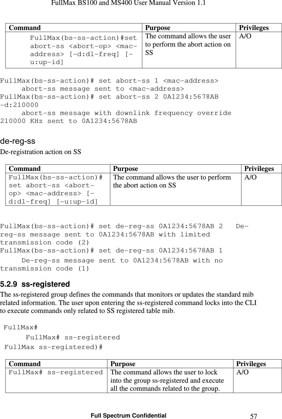 FullMax BS100 and MS400 User Manual Version 1.1    Full Spectrum Confidential  57Command  Purpose  Privileges FullMax(bs-ss-action)#set abort-ss &lt;abort-op&gt; &lt;mac-address&gt; [-d:dl-freq] [-u:up-id] The command allows the user to perform the abort action on SS A/O  FullMax(bs-ss-action)# set abort-ss 1 &lt;mac-address&gt;    abort-ss message sent to &lt;mac-address&gt; FullMax(bs-ss-action)# set abort-ss 2 0A1234:5678AB -d:210000   abort-ss message with downlink frequency override 210000 KHz sent to 0A1234:5678AB     de-reg-ss De-registration action on SS  Command  Purpose  Privileges FullMax(bs-ss-action)# set abort-ss &lt;abort-op&gt; &lt;mac-address&gt; [-d:dl-freq] [-u:up-id] The command allows the user to perform the abort action on SS A/O   FullMax(bs-ss-action)# set de-reg-ss 0A1234:5678AB 2  De-reg-ss message sent to 0A1234:5678AB with limited transmission code (2) FullMax(bs-ss-action)# set de-reg-ss 0A1234:5678AB 1   De-reg-ss message sent to 0A1234:5678AB with no transmission code (1) 5.2.9  ss-registered The ss-registered group defines the commands that monitors or updates the standard mib related information. The user upon entering the ss-registered command locks into the CLI to execute commands only related to SS registered table mib.    FullMax#  FullMax# ss-registered  FullMax ss-registered)#  Command  Purpose  Privileges FullMax# ss-registered The command allows the user to lock into the group ss-registered and execute all the commands related to the group. A/O  