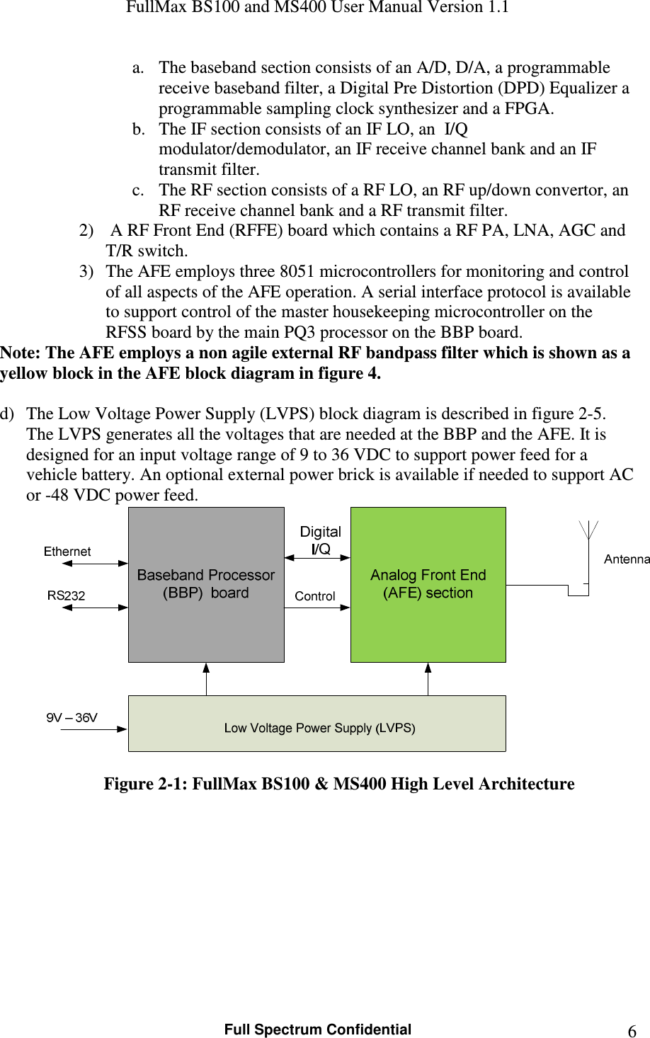 FullMax BS100 and MS400 User Manual Version 1.1    Full Spectrum Confidential  6a. The baseband section consists of an A/D, D/A, a programmable receive baseband filter, a Digital Pre Distortion (DPD) Equalizer a programmable sampling clock synthesizer and a FPGA. b. The IF section consists of an IF LO, an  I/Q modulator/demodulator, an IF receive channel bank and an IF transmit filter. c. The RF section consists of a RF LO, an RF up/down convertor, an RF receive channel bank and a RF transmit filter. 2)  A RF Front End (RFFE) board which contains a RF PA, LNA, AGC and T/R switch.  3) The AFE employs three 8051 microcontrollers for monitoring and control of all aspects of the AFE operation. A serial interface protocol is available to support control of the master housekeeping microcontroller on the RFSS board by the main PQ3 processor on the BBP board.  Note: The AFE employs a non agile external RF bandpass filter which is shown as a yellow block in the AFE block diagram in figure 4.  d) The Low Voltage Power Supply (LVPS) block diagram is described in figure 2-5. The LVPS generates all the voltages that are needed at the BBP and the AFE. It is designed for an input voltage range of 9 to 36 VDC to support power feed for a vehicle battery. An optional external power brick is available if needed to support AC or -48 VDC power feed.   Figure 2-1: FullMax BS100 &amp; MS400 High Level Architecture 