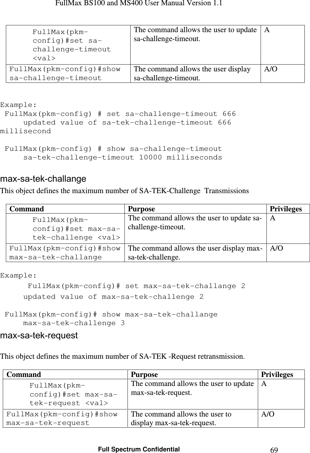 FullMax BS100 and MS400 User Manual Version 1.1    Full Spectrum Confidential  69FullMax(pkm–config)#set sa-challenge-timeout &lt;val&gt; The command allows the user to update sa-challenge-timeout. A FullMax(pkm–config)#show sa-challenge-timeout The command allows the user display sa-challenge-timeout. A/O   Example:  FullMax(pkm–config) # set sa-challenge-timeout 666   updated value of sa-tek-challenge-timeout 666 millisecond   FullMax(pkm–config) # show sa-challenge-timeout   sa-tek-challenge-timeout 10000 milliseconds  max-sa-tek-challange This object defines the maximum number of SA-TEK-Challenge  Transmissions  Command  Purpose  Privileges FullMax(pkm–config)#set max-sa-tek-challenge &lt;val&gt; The command allows the user to update sa-challenge-timeout. A FullMax(pkm–config)#show max-sa-tek-challange The command allows the user display max-sa-tek-challenge. A/O  Example:  FullMax(pkm–config)# set max-sa-tek-challange 2   updated value of max-sa-tek-challenge 2   FullMax(pkm–config)# show max-sa-tek-challange   max-sa-tek-challenge 3 max-sa-tek-request  This object defines the maximum number of SA-TEK -Request retransmission.  Command  Purpose  Privileges FullMax(pkm–config)#set max-sa-tek-request &lt;val&gt; The command allows the user to update max-sa-tek-request. A FullMax(pkm–config)#show max-sa-tek-request The command allows the user to display max-sa-tek-request. A/O  