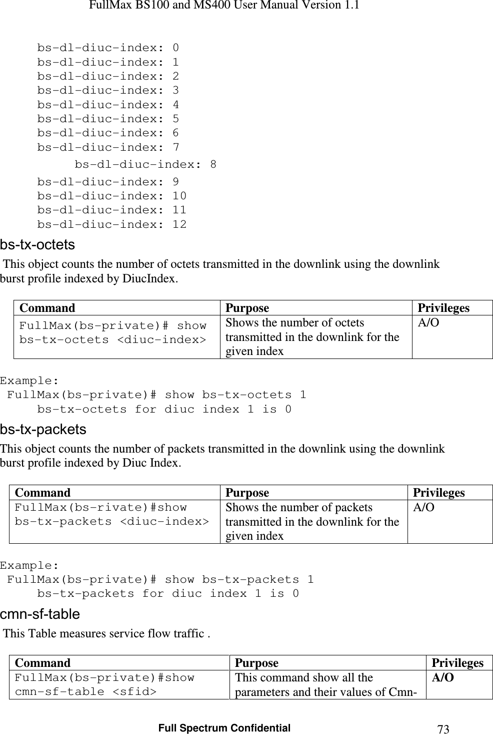 FullMax BS100 and MS400 User Manual Version 1.1    Full Spectrum Confidential  73  bs-dl-diuc-index: 0   bs-dl-diuc-index: 1   bs-dl-diuc-index: 2   bs-dl-diuc-index: 3   bs-dl-diuc-index: 4   bs-dl-diuc-index: 5   bs-dl-diuc-index: 6   bs-dl-diuc-index: 7   bs-dl-diuc-index: 8   bs-dl-diuc-index: 9   bs-dl-diuc-index: 10   bs-dl-diuc-index: 11   bs-dl-diuc-index: 12 bs-tx-octets  This object counts the number of octets transmitted in the downlink using the downlink burst profile indexed by DiucIndex.  Command  Purpose  Privileges FullMax(bs-private)# show bs-tx-octets &lt;diuc-index&gt; Shows the number of octets transmitted in the downlink for the given index A/O   Example:  FullMax(bs-private)# show bs-tx-octets 1   bs-tx-octets for diuc index 1 is 0 bs-tx-packets This object counts the number of packets transmitted in the downlink using the downlink burst profile indexed by Diuc Index.  Command  Purpose  Privileges FullMax(bs-rivate)#show bs-tx-packets &lt;diuc-index&gt; Shows the number of packets transmitted in the downlink for the given index A/O  Example:  FullMax(bs-private)# show bs-tx-packets 1   bs-tx-packets for diuc index 1 is 0 cmn-sf-table  This Table measures service flow traffic .  Command  Purpose  Privileges FullMax(bs-private)#show cmn-sf-table &lt;sfid&gt; This command show all the parameters and their values of Cmn-A/O 