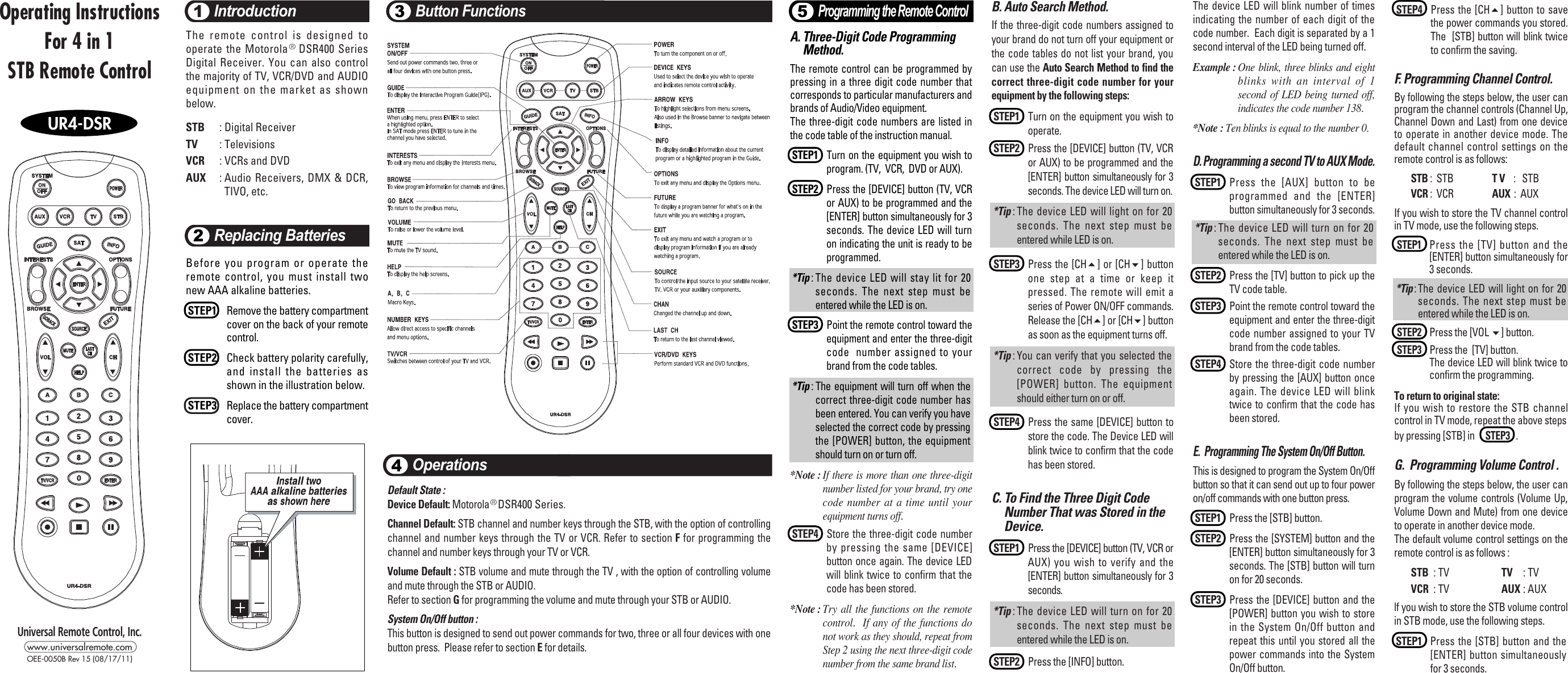 Page 1 of 2 - One-For-All One-For-All-Universal-Remote-Ur4-Dsr-Users-Manual- OEE-0050B_UR4-DSR_Rev15 One-for-all-universal-remote-ur4-dsr-users-manual