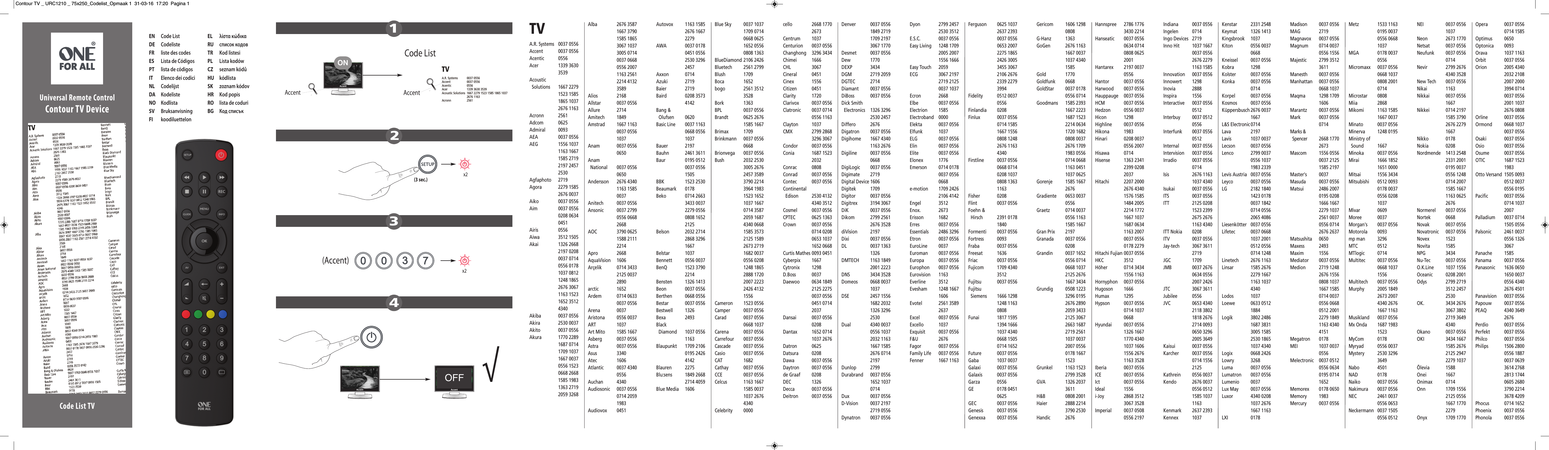 One For All Opmaak 1 URC1210 Code List