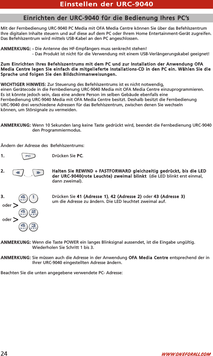 One For All Opmaak Pc Remote Euro Urc9040 Manual Languages