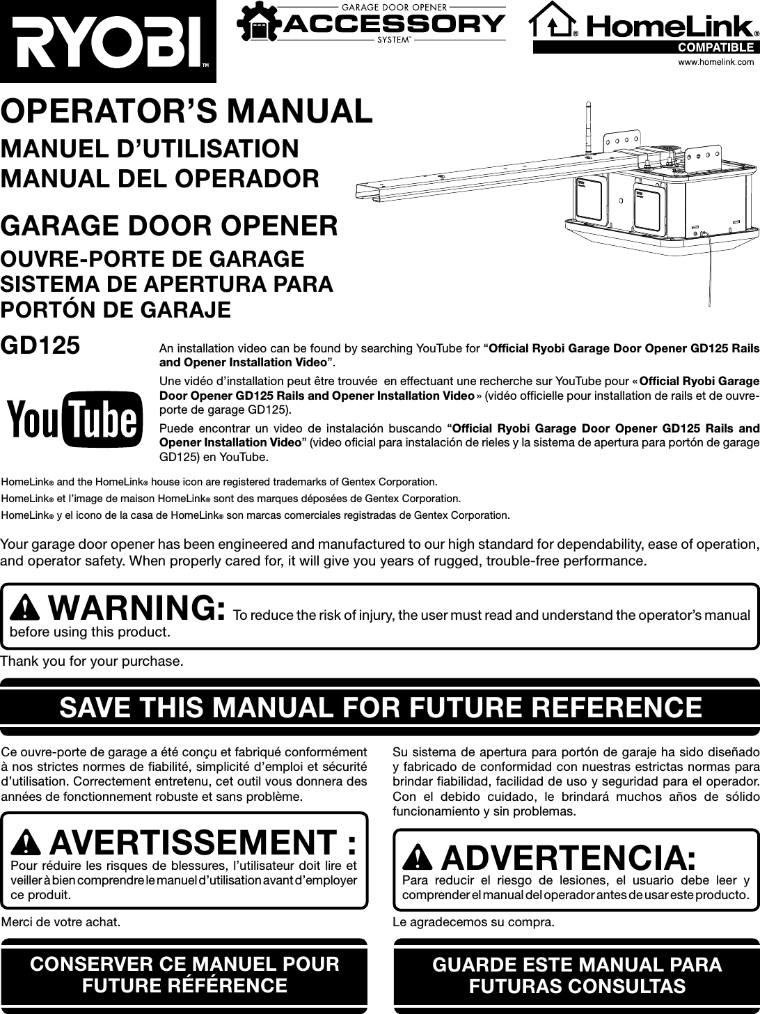 One World Technologies GD125 Garage Door Opener User Manual GD125 220 trilingual 01 EN
