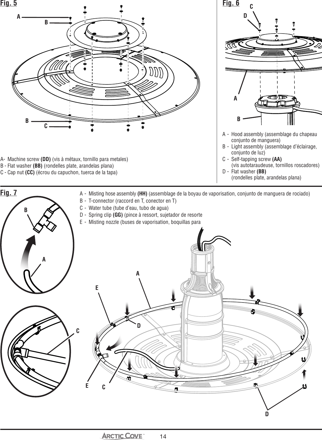 14Fig. 6Fig. 7Fig. 5A -  Hood assembly (assemblage du chapeau conjunto de manguera)B -  Light assembly (assemblage d’éclairage, conjunto de luz)C -  Self-tapping screw (AA)  (vis autotaraudeuse, tornillos roscadores)D -  Flat washer (BB) (rondelles plate, arandelas plana)A -  Misting hose assembly (HH) (assemblage de la boyau de vaporisation, conjunto de manguera de rociado)B -  T-connector (raccord en T, conector en T)C -  Water tube (tube d’eau, tubo de agua)D -  Spring clip (GG) (pince à ressort, sujetador de resorte)E -  Misting nozzle (buses de vaporisation, boquillas para rociar)DDAECECBADABBCCABA-  Machine screw (DD) (vis à métaux, tornillo para metales)B - Flat washer (BB) (rondelles plate, arandelas plana)C - Cap nut (CC) (écrou du capuchon, tuerca de la tapa)