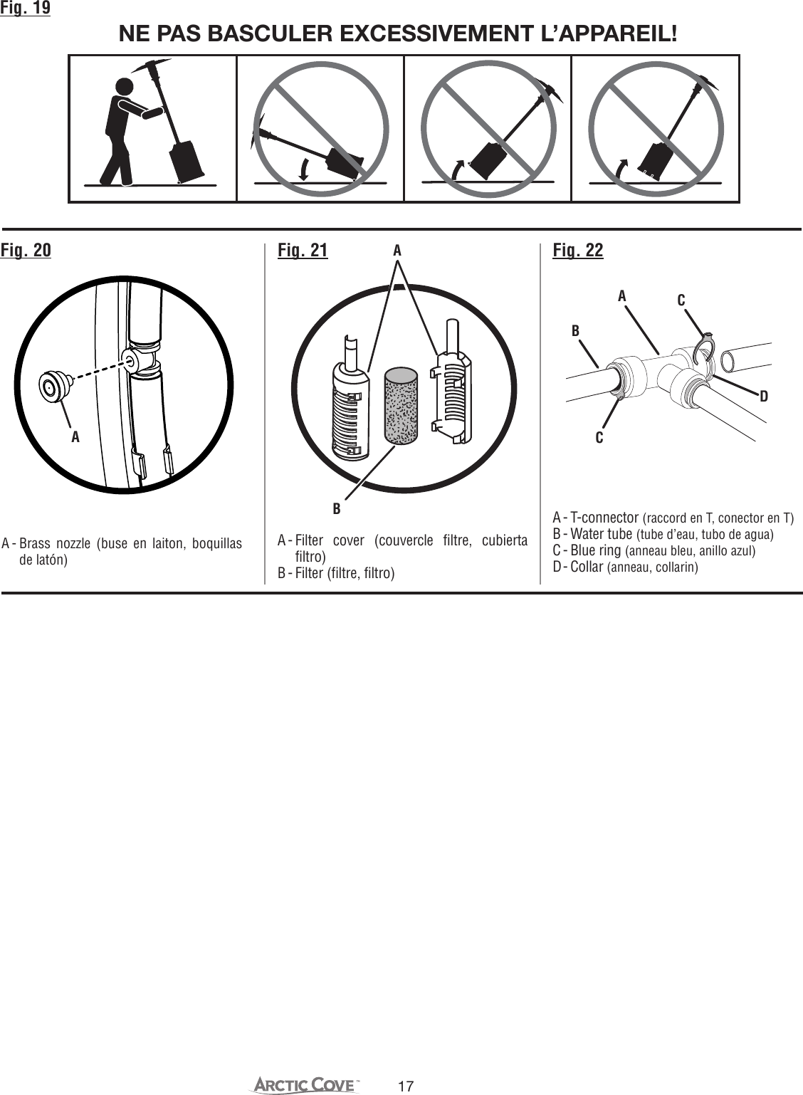 17Fig. 19Fig. 20 Fig. 22ABA - Filter cover (couvercle filtre, cubierta filtro)B - Filter (filtre, filtro)A - T-connector (raccord en T, conector en T)B - Water tube (tube d’eau, tubo de agua)C - Blue ring (anneau bleu, anillo azul)D -  Collar  (anneau, collarin)A - Brass nozzle (buse en laiton, boquillas de latón)AFig. 21NE PAS BASCULER EXCESSIVEMENT L’APPAREIL!ACCBD